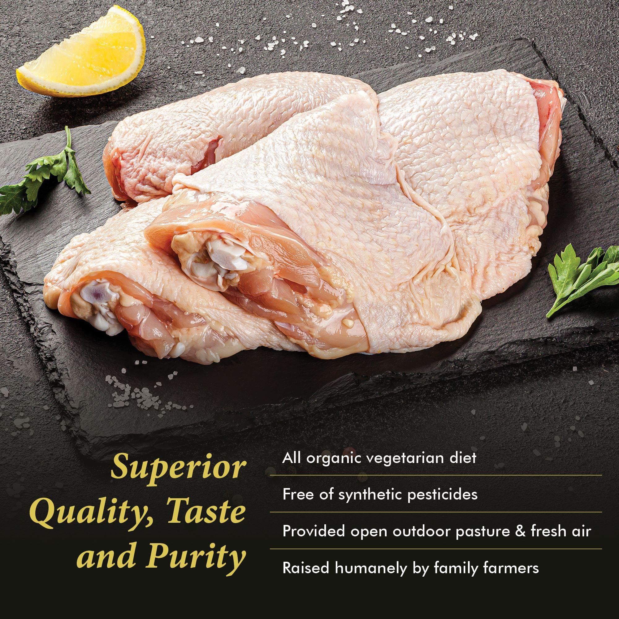Certified Organic Free Range Chicken Thighs with Bone and Skin - Glatt Kosher, Non-GMO, 8.75-9.25 lbs (Approx. 20 Pieces) - Perfect for Grilling, Roasting, and Family Dinners
