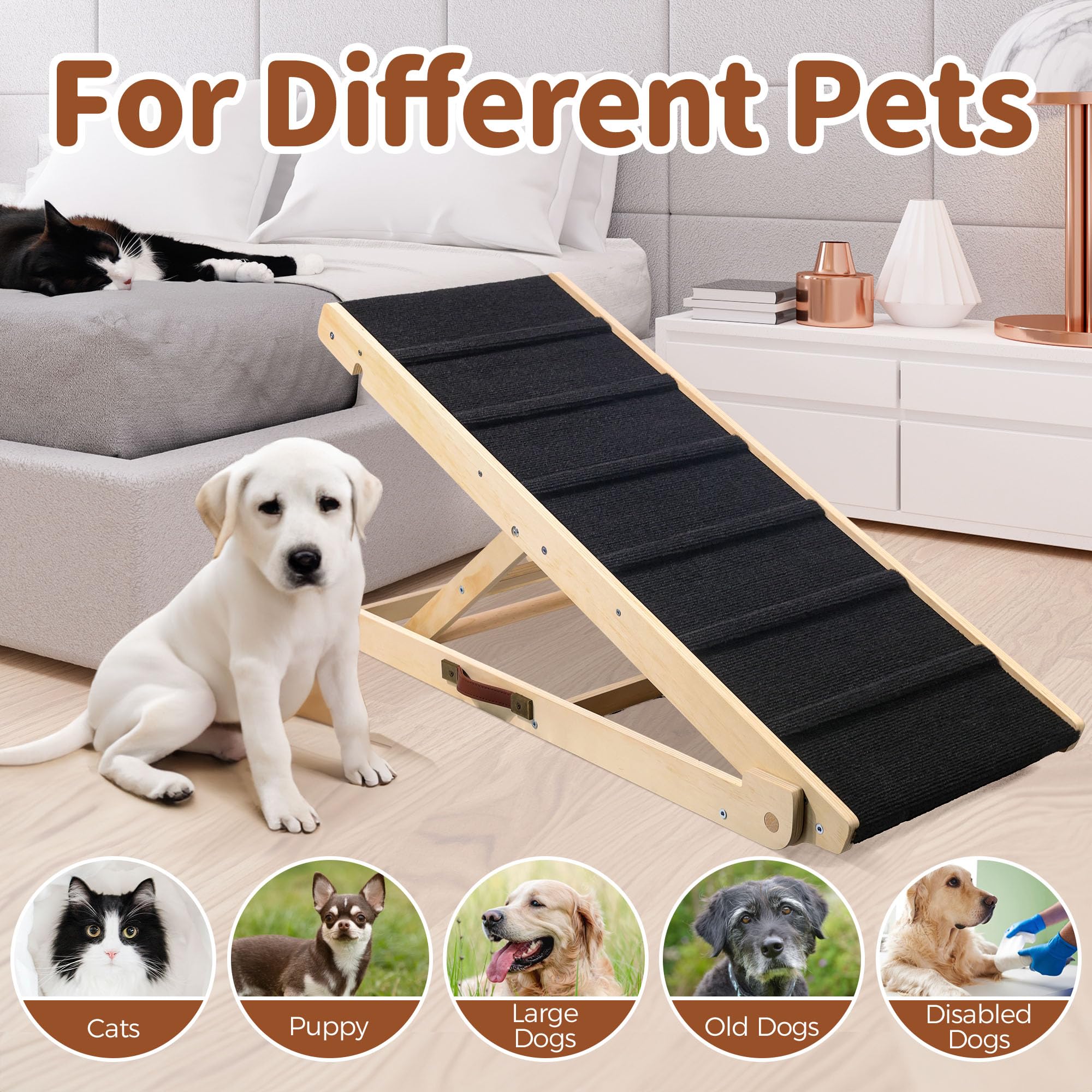 Adjustable Wooden Dog Stairs & Pet Ramp - 5 Height Settings (10” to 24”), Supports Up to 250LBS, Non-Slip Collapsible Design with High Traction - Perfect for Beds, Couches, Sofas & Cars - Indoor/Outdoor Use for Small & Large Dogs