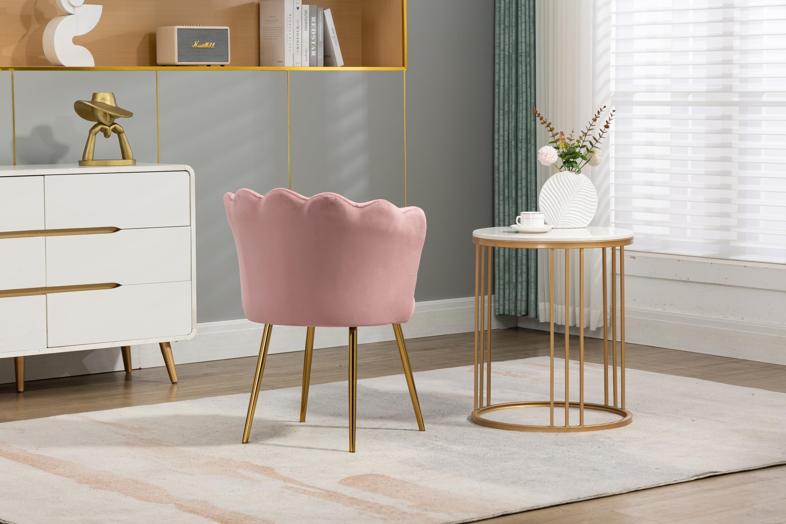 Modern Velvet Upholstered Vanity Chair with Golden Metal Legs & Petal Back - Comfy Armchair for Bedroom, Dining, Desk - Perfect for Women, Girls & Kids (Bright Pink) - Ideal for Makeup Vanity, Dressing Room, Home Office & Study
