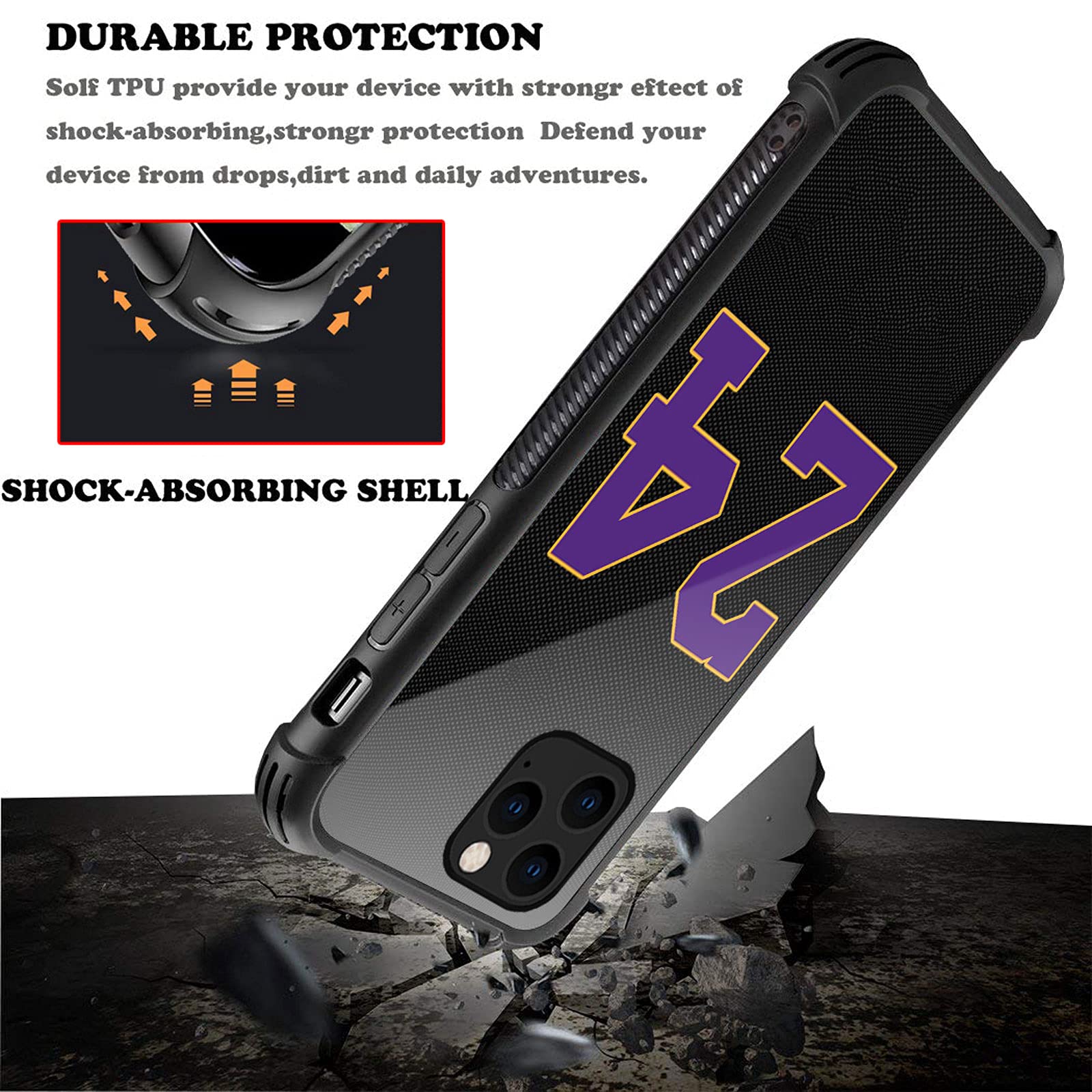Shockproof Anti-Scratch Hard PC Back Case for iPhone 13 Mini - Black 24 Jersey Purple Yellow Amazing Pattern Design | Durable Protection for Everyday Use, Travel & Outdoor Activities