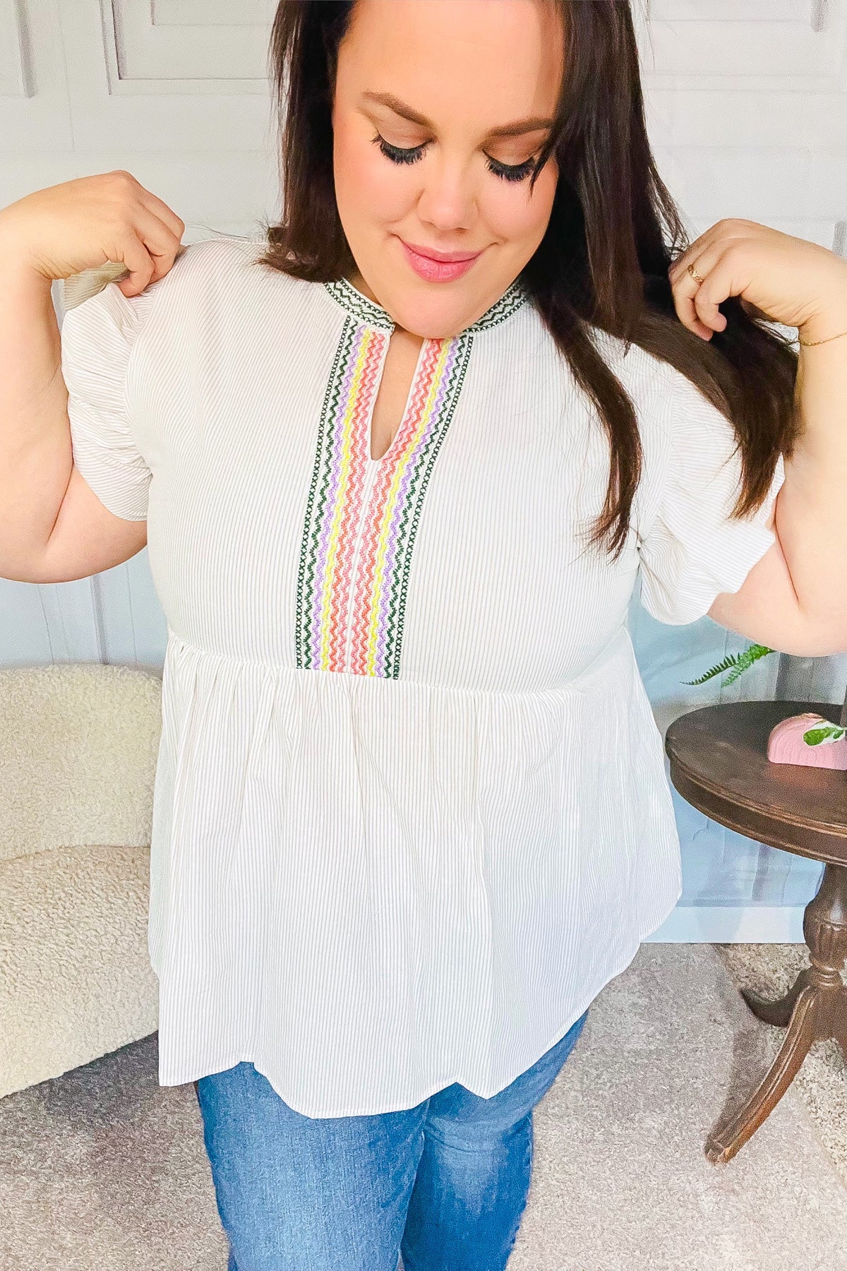 Haptics Weekend Ready Taupe Embroidered Notched Neck Babydoll Top - Women's Casual Boho Blouse for Brunch, Date Night & Summer Outings