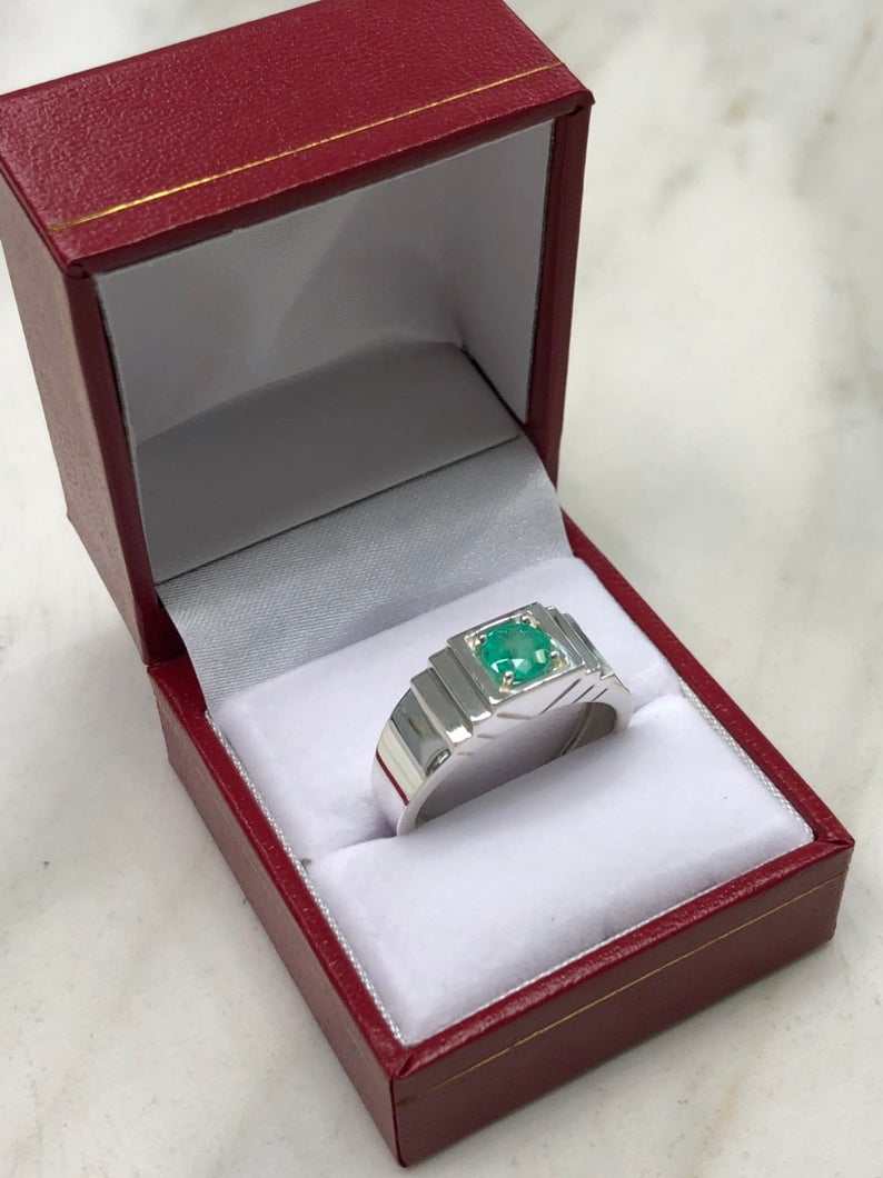 0.70 Carat Round Dark Green Emerald Signet Men's Ring - Sterling Silver 925 - Elegant Jewelry Gift for Him, Wedding Band, Anniversary Present, Birthday Gift for Men