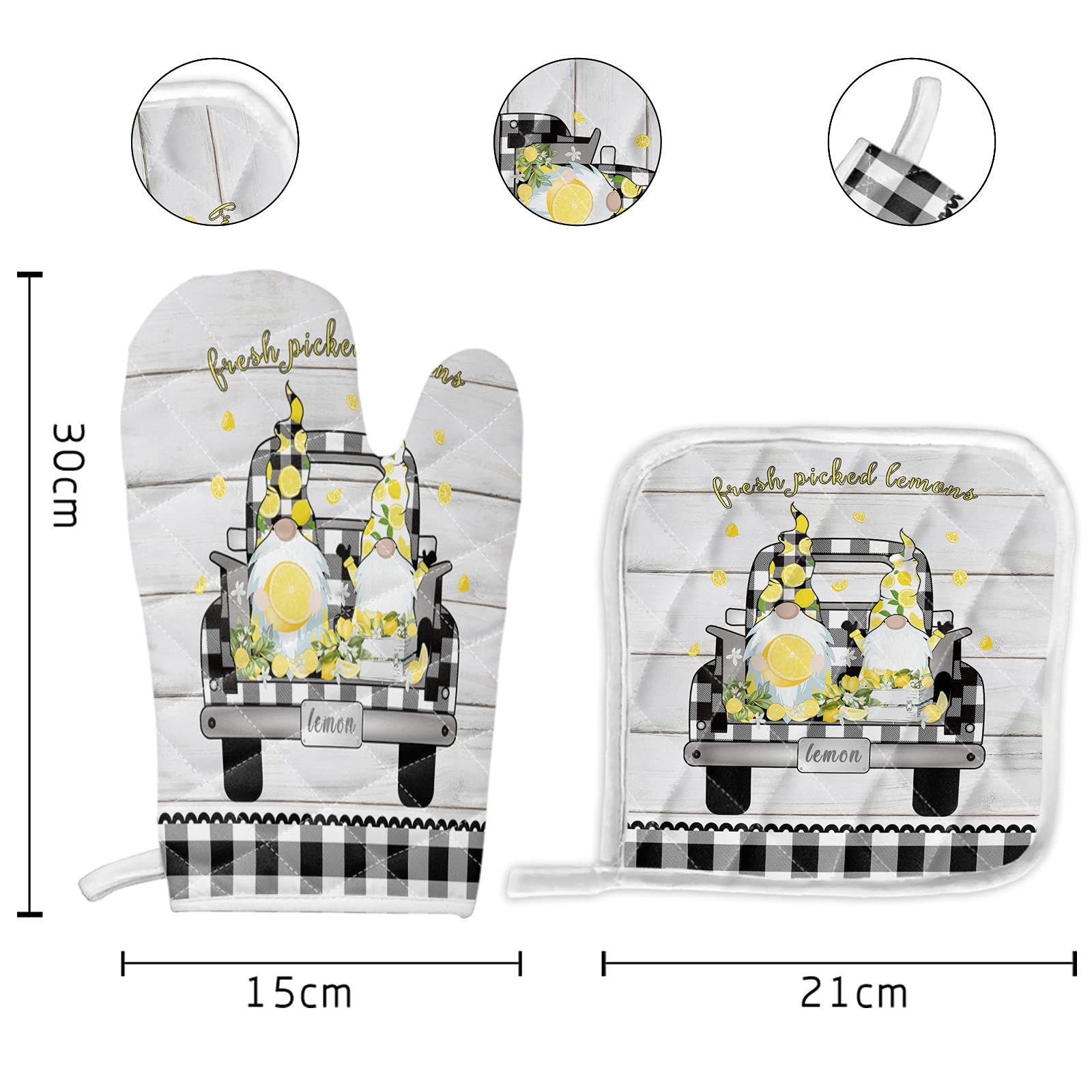 Heat Resistant Oven Mitts & Pot Holders Set - 2 Pcs Quilted Cotton Lined Kitchen Gloves for Baking, Cooking, Grilling - Lemon Truck Black White Plaid Design - Perfect for Summer BBQ, Holiday Baking & Everyday Kitchen Use