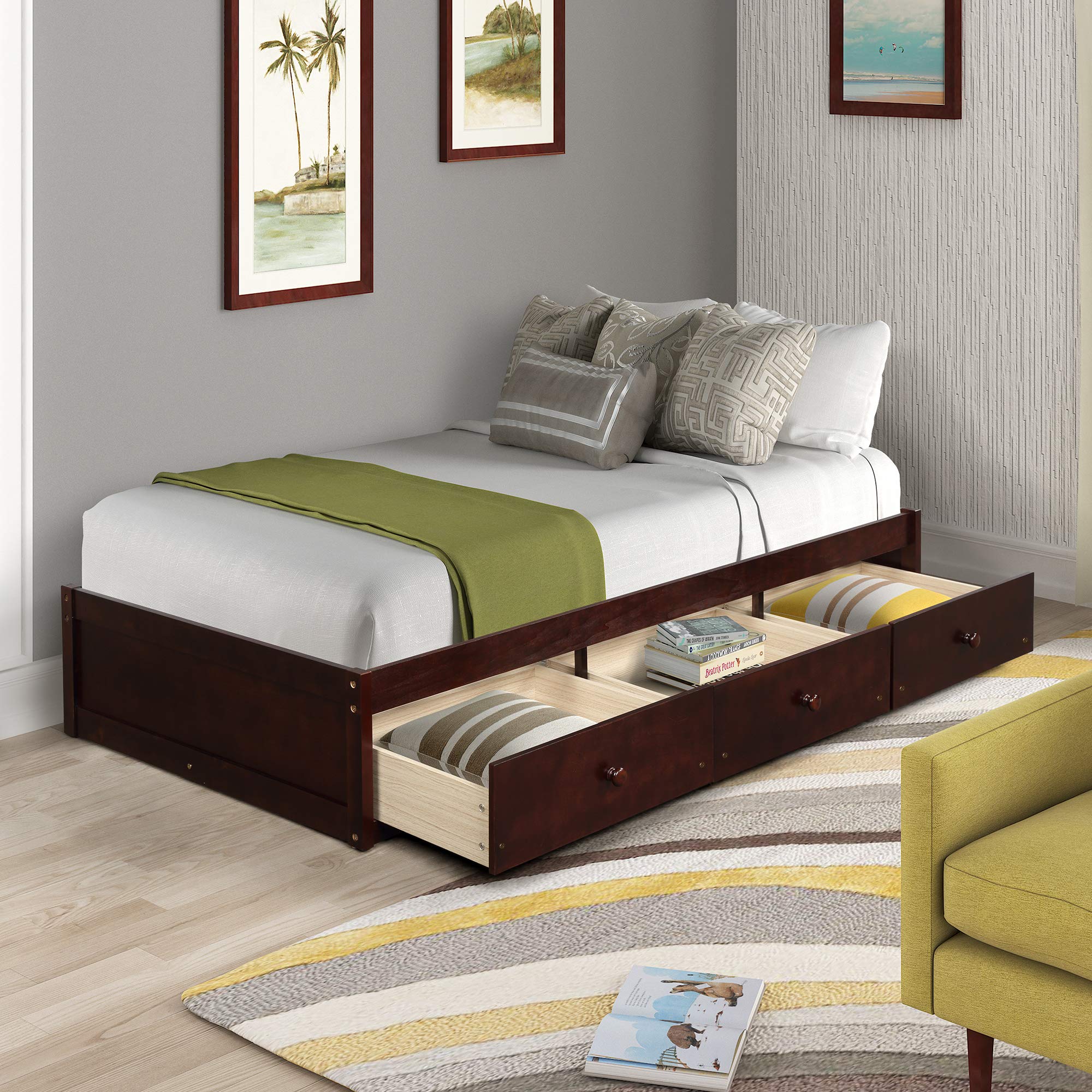 Twin Size Platform Storage Bed with 3 Drawers - Cherry Wood Finish - Space Saving Bedroom Furniture for Small Rooms, Dorms & Apartments