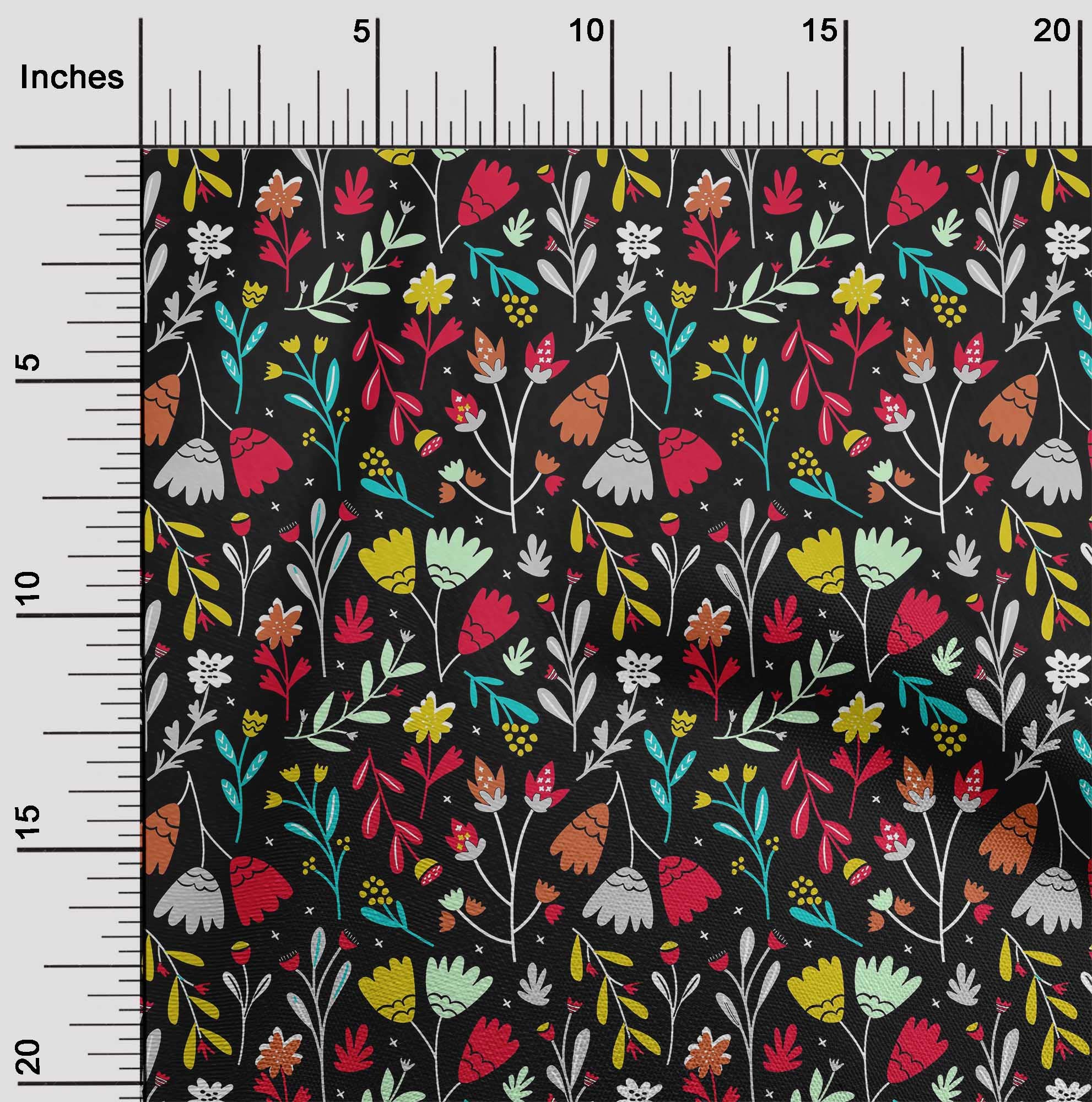 oneOone Viscose Chiffon Black Fabric with Leaves & Floral Print - 42