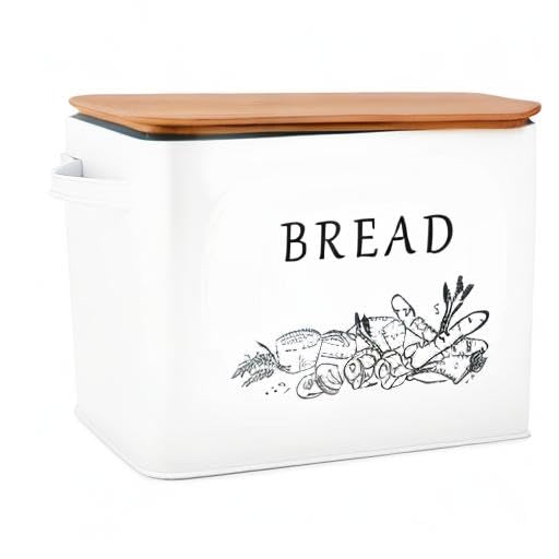 Farmhouse Style Extra Large Metal Bread Box with Bamboo Lid - 13” x 7.2” x 9.8” White Bread Storage Container for Kitchen Countertop - Perfect for Bread, Baguettes, and Pastries Storage