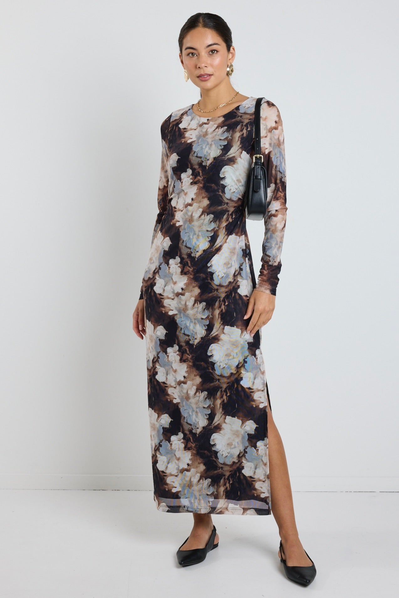 Elegant Sepia Floral Long Sleeve Maxi Dress for Women - Boho Chic Mesh Beach Dress for Summer Vacation & Outdoor Events