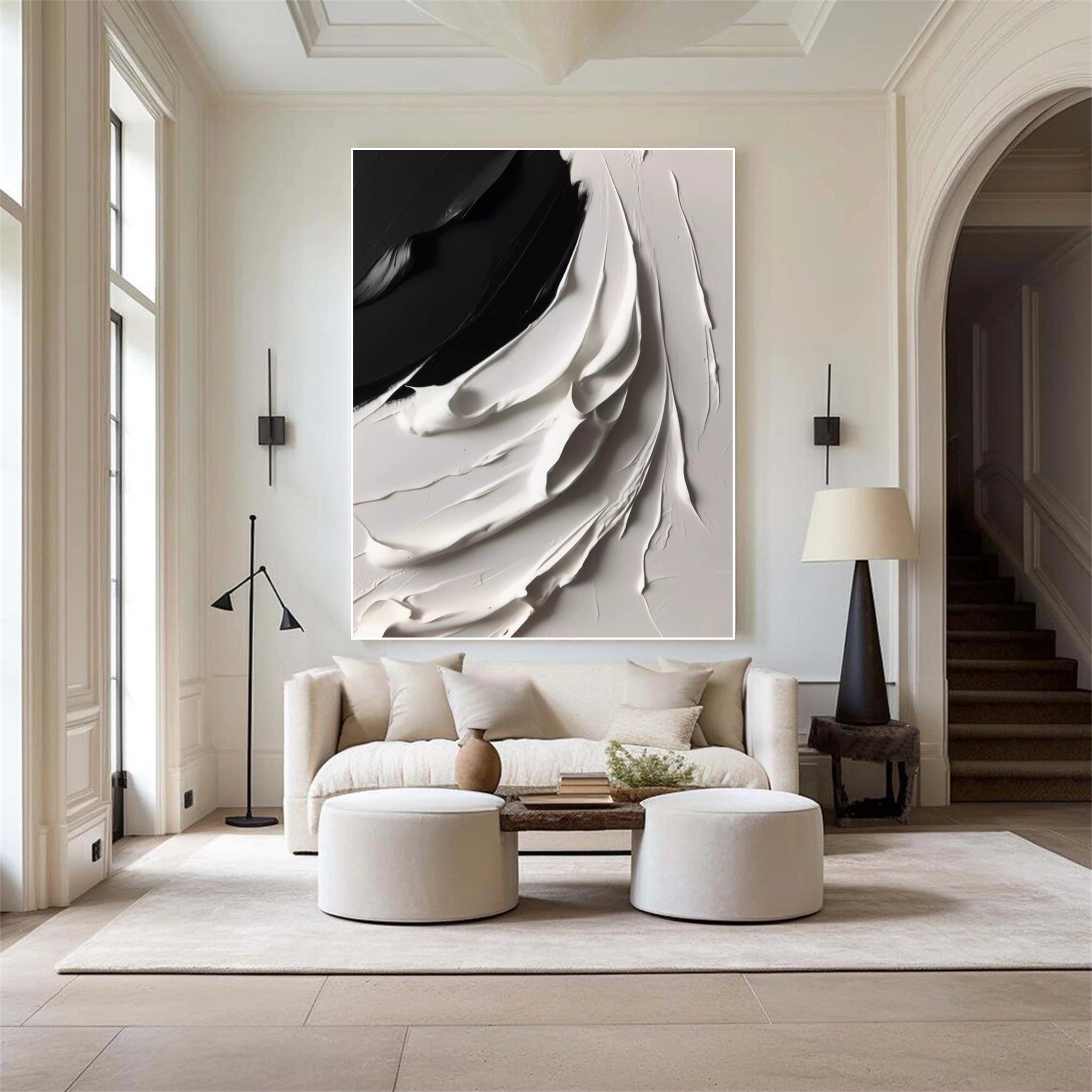 White & Black Minimalist Textured Canvas Wall Art Painting - Modern Abstract Home Decor for Living Room, Bedroom & Office | #MM141