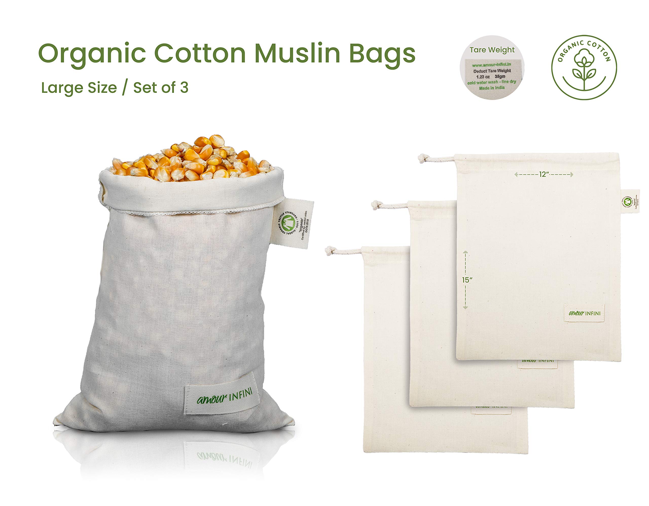 AMOUR INFINI Reusable Organic Cotton Grocery Bags - Eco-Friendly Washable Muslin Produce Bags with Drawstrings (Set of 3 Large) - Perfect for Farmers Market, Grocery Shopping & Storing Vegetables/Fruits