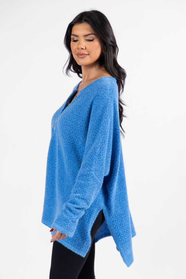 Thinking Of You Blue Fuzzy Henley Blouse for Women | Soft & Cozy Pullover Shirt | Casual Winter Wear | Perfect for Date Nights & Holiday Gatherings | FINAL SALE