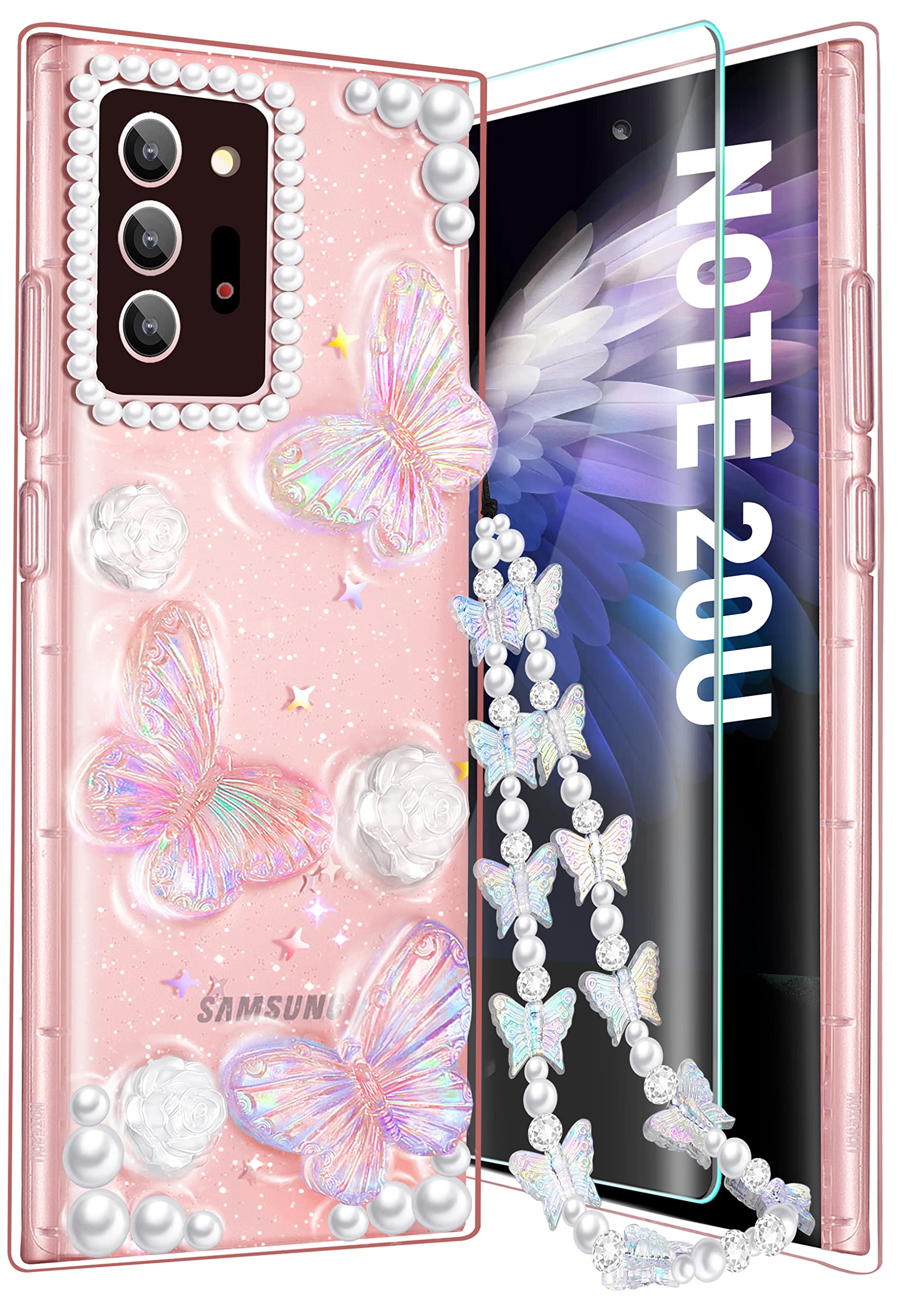 **Goocrux 3-in-1 Case for Samsung Galaxy Note 20 Ultra – 3D Butterfly Clear Glitter Phone Case with Chain & Screen Protector | Stylish Aesthetic for Women & Teen Girls | Cute Sparkly Girly Design for Everyday Use & Parties**