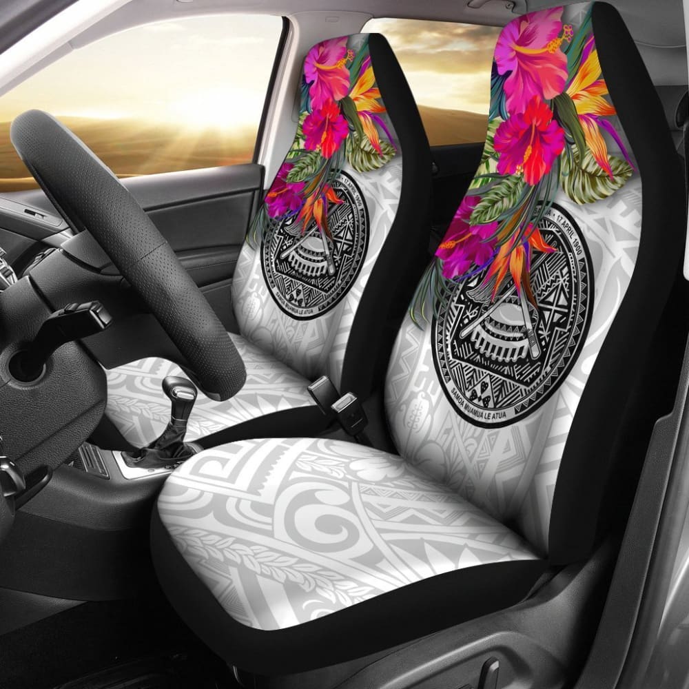 Premium American Samoa Car Seat Covers - Breathable Hibiscus Polynesian Floral Pattern in White (093223) | Perfect for SUVs, Trucks & Minivans - Protect Seats from Wear & Sun Damage