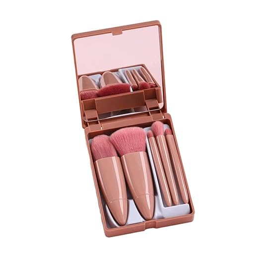 LANELLIE 5-Piece Professional Makeup Brush Set with Travel Case & Built-in Mirror - Portable Cosmetic Brushes for Eyeshadow, Powder, Foundation & Blush (Box Shape) | Perfect for Travel, On-the-Go Touch Ups & Professional Makeup Application