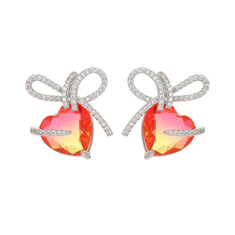 Sweet French Stud Earrings with Bow Knot Ribbon - Gradient Zircon Heart Shaped Earrings for Women - Elegant Jewelry Accessories for Date Night, Wedding & Special Occasions - LYX275