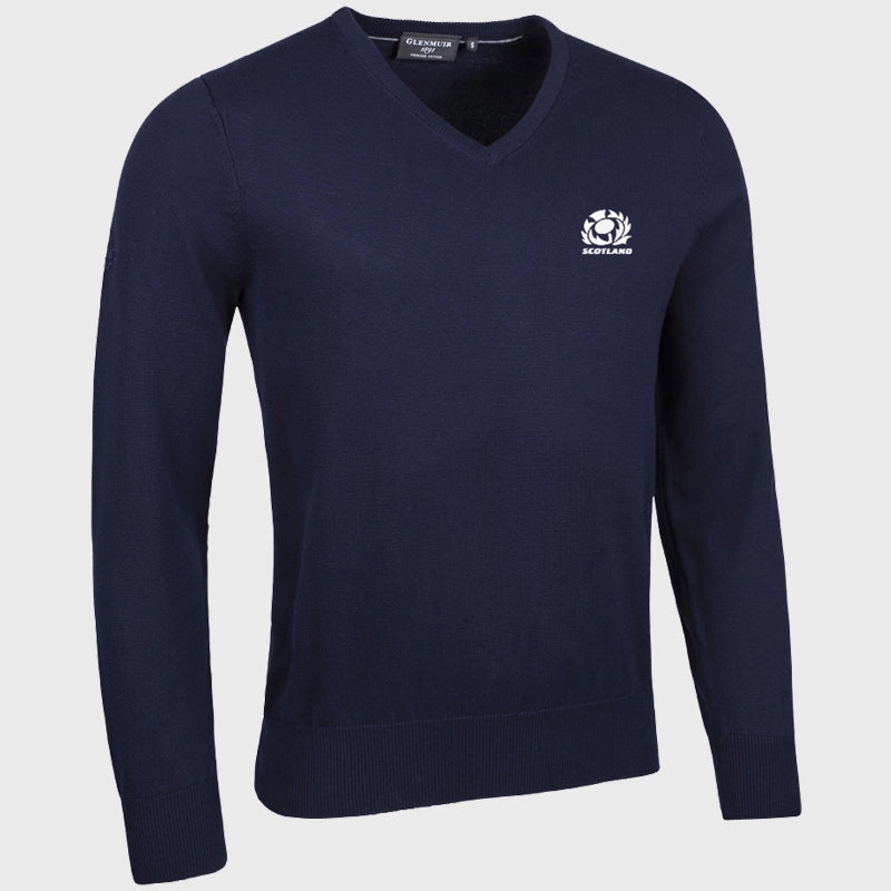 Glenmuir Scotland Rugby Eden V-Neck Cotton Golf Sweater for Men - Navy Blue - Casual & Sporty Wear for Golf, Rugby & Outdoor Activities
