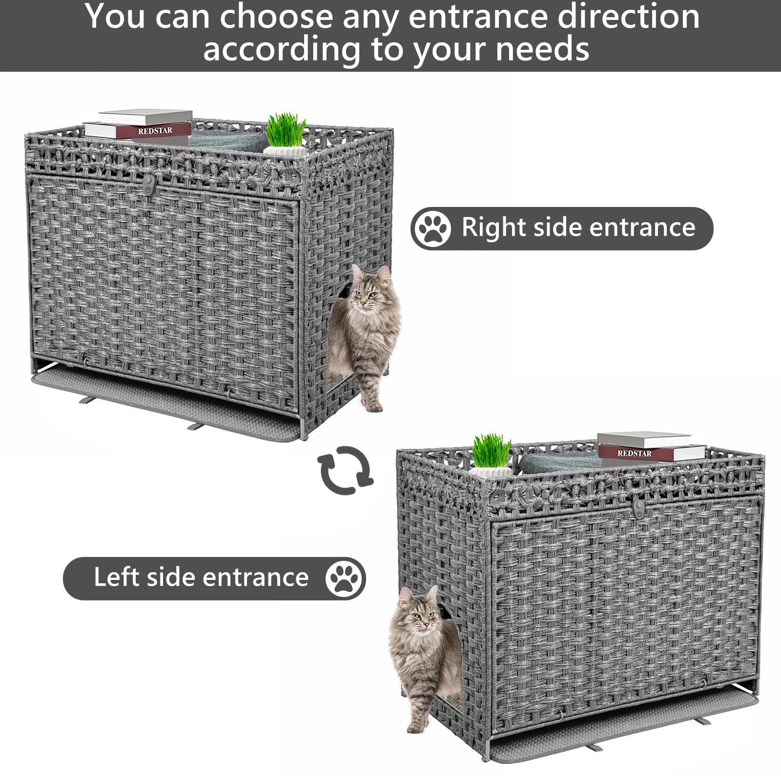 Hidden Cat Litter Box Enclosure Furniture - Large Rattan Pet House with Door for Indoor Cats | Handwoven Washroom Box with Soft Litter Mat | Grey Modern Cat Furniture for Home Decor & Odor Control