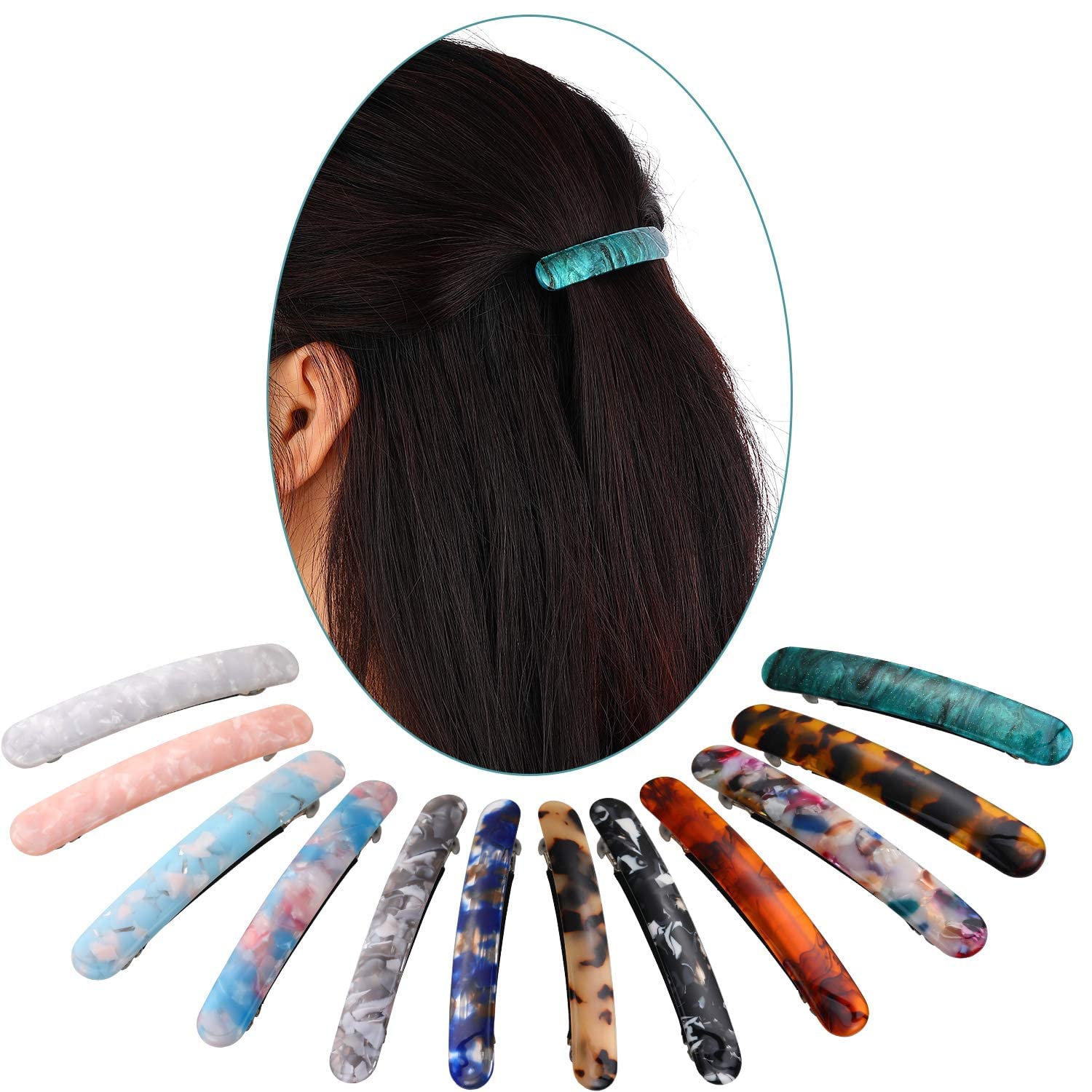 3-Piece Tortoise Shell Hair Barrettes for Women - Acetate French Skinny Hair Clips, Automatic Ponytail Holders - Perfect for Office, Wedding & Everyday Hair Accessories