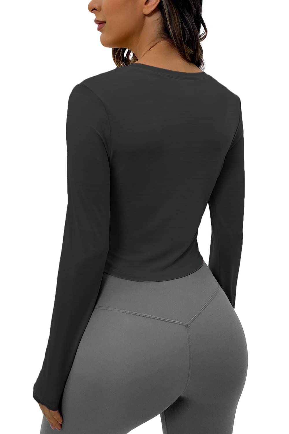 Sanutch Cropped Long Sleeve Tops Sweat Wicking Athletic Shirt Dance Crop Tops for Running Hiking Women Black S