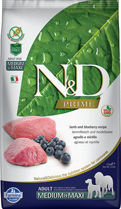 Farmina N&D Prime Grain-Free Dry Dog Food - Lamb & Blueberry Recipe for Adult Medium & Large Breeds | High Protein, Natural Ingredients for Healthy Skin & Coat | Perfect for Active Dogs & Sensitive Stomachs