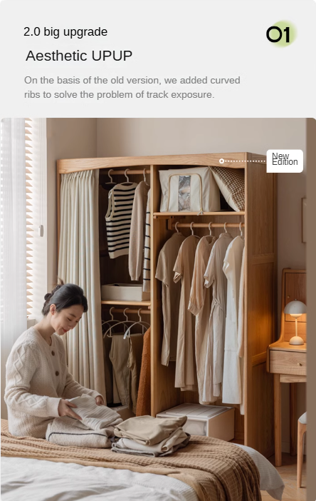 Oak Solid Wood Wardrobe with Curtain Design - Elegant Closet Storage for Bedroom, Living Room & Dorm Organization