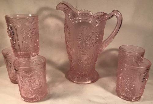 Mosser Glass Water Set with Wildflower Flower Pattern - Handmade in USA - Passion Pink - Perfect for Home Decor, Kitchen, and Gift Giving