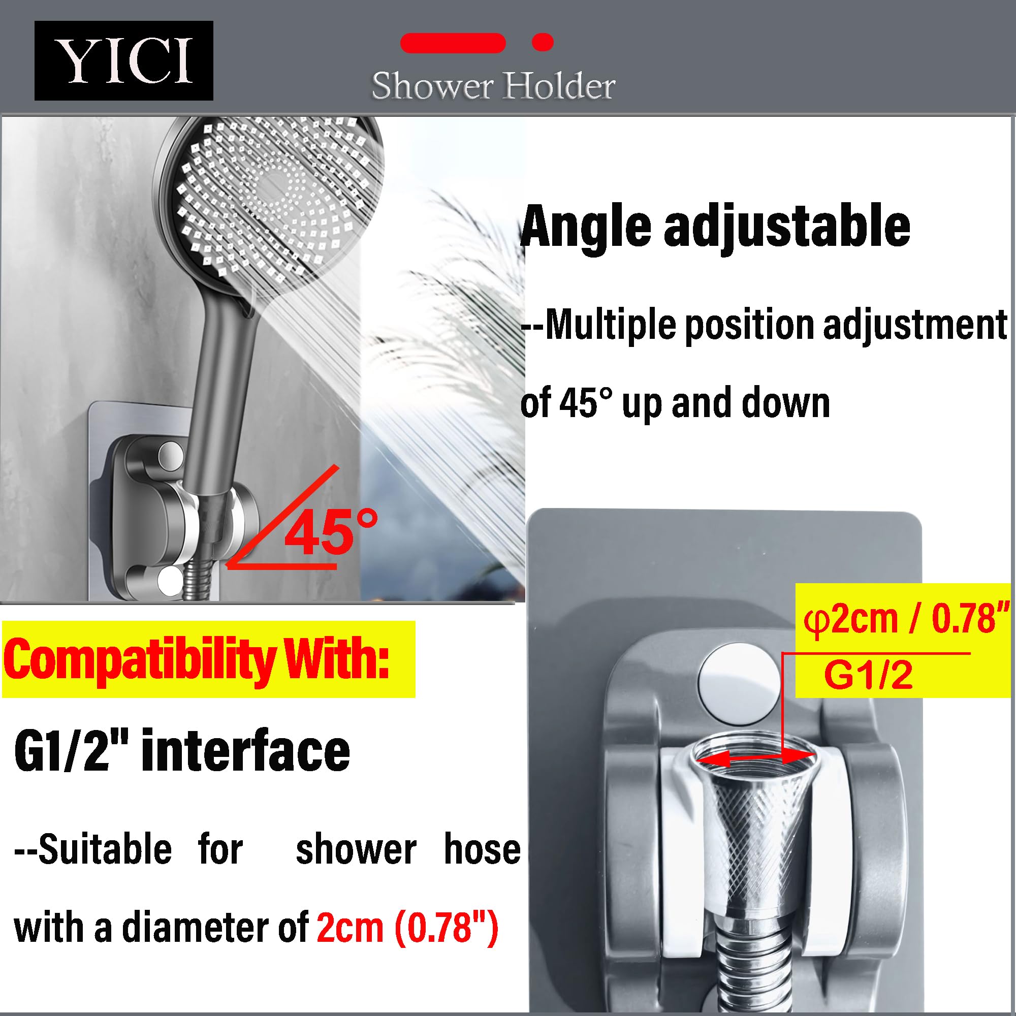 YICI No Drill Handheld Shower Head Holder - 12cm Strong Adhesive Shower Bracket with Adjustable Angle, Standard Gun Grey - Perfect for Bathroom, RV, Apartment & Rental Homes Renovation