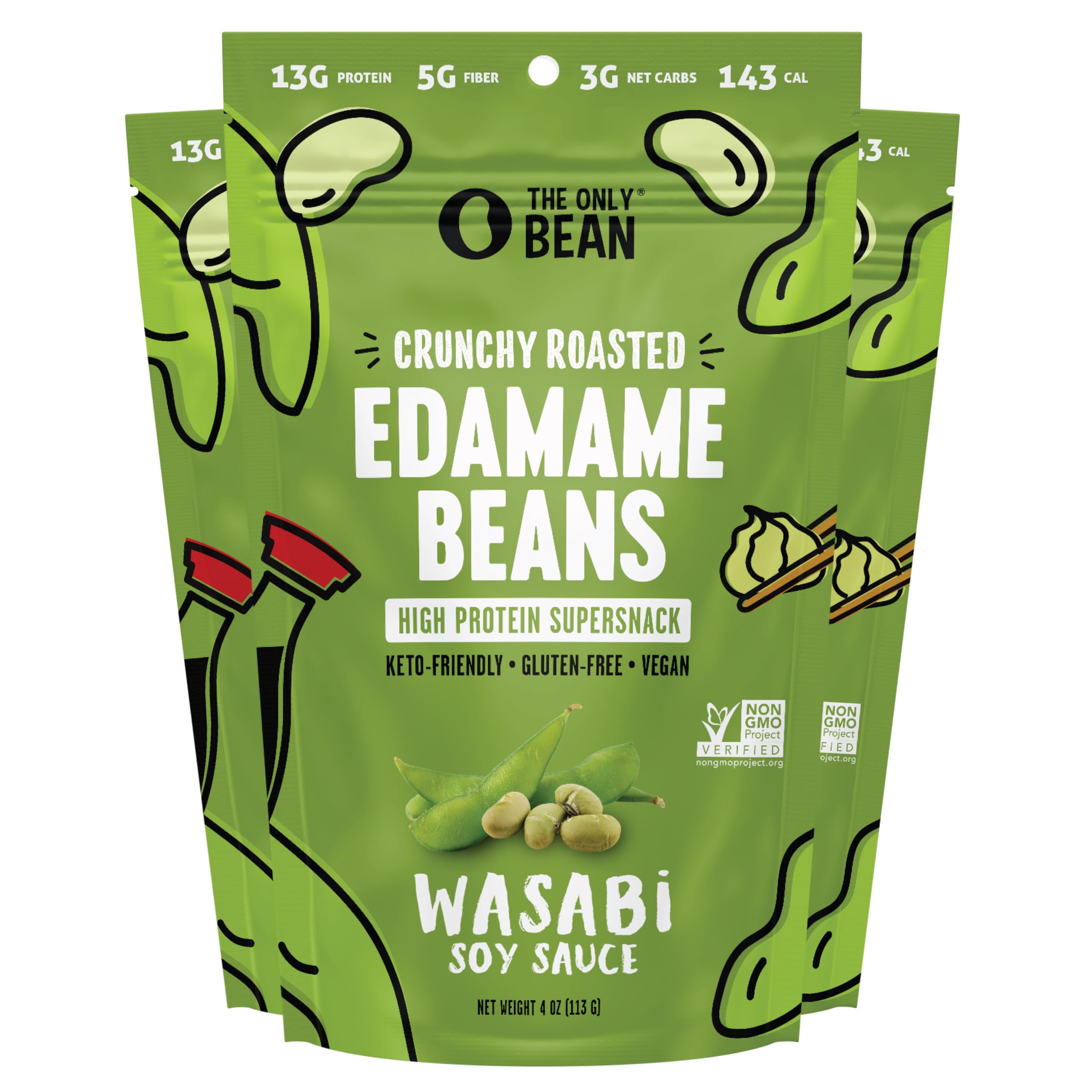 Dry Roasted Edamame Beans Snack - Wasabi Soy Sauce Flavor | High Protein, Low Carb, Gluten Free | Healthy Alternative to Wasabi Peas | Perfect for Office Snacks, Travel & Asian Cuisine Lovers | 4oz (Pack of 3)