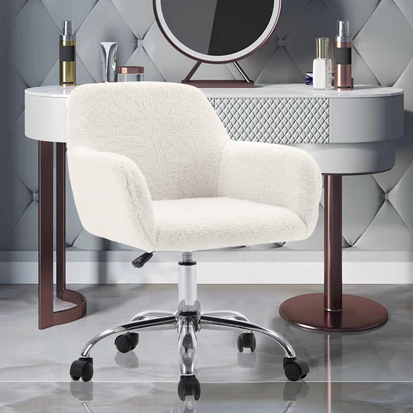 HomVent Swivel Chair with Padded Back & Arms - Upholstered Faux Fur Office Desk Chair, White Vanity Makeup Chair - Perfect for Home Office, Study Room, Living Room & Bedroom