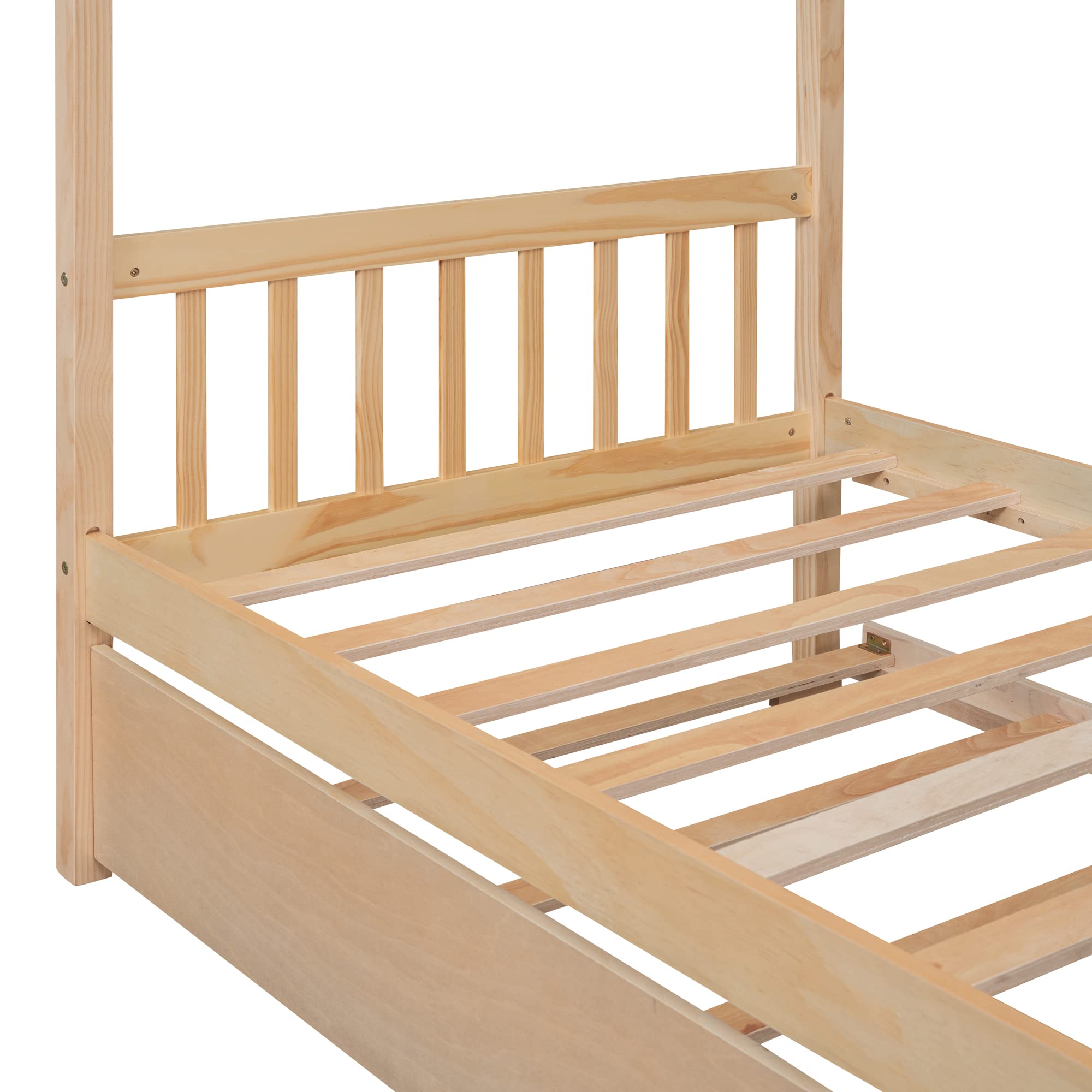 Montessori Twin House Bed with Trundle - Natural Wood Playhouse Tent Bed Frame for Kids, Girls & Boys - Perfect for Bedrooms, Playrooms & Montessori Learning Environments
