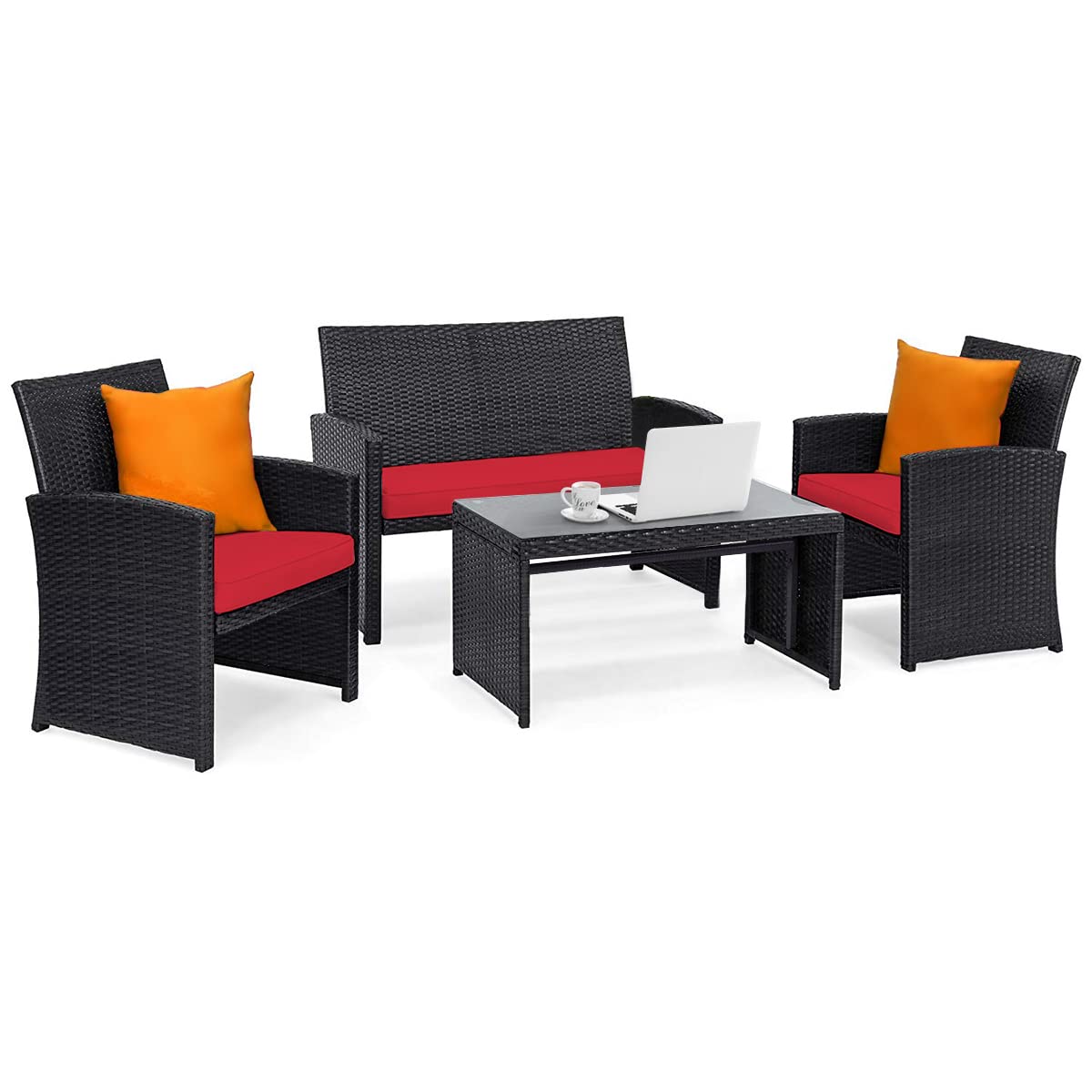 KOTEK 4-Piece Outdoor Patio Furniture Set - Rattan Wicker Sofa and Glass Table Conversation Set with Cushions for Garden, Lawn, Backyard - Perfect for Relaxing, Entertaining and Outdoor Dining (Red)