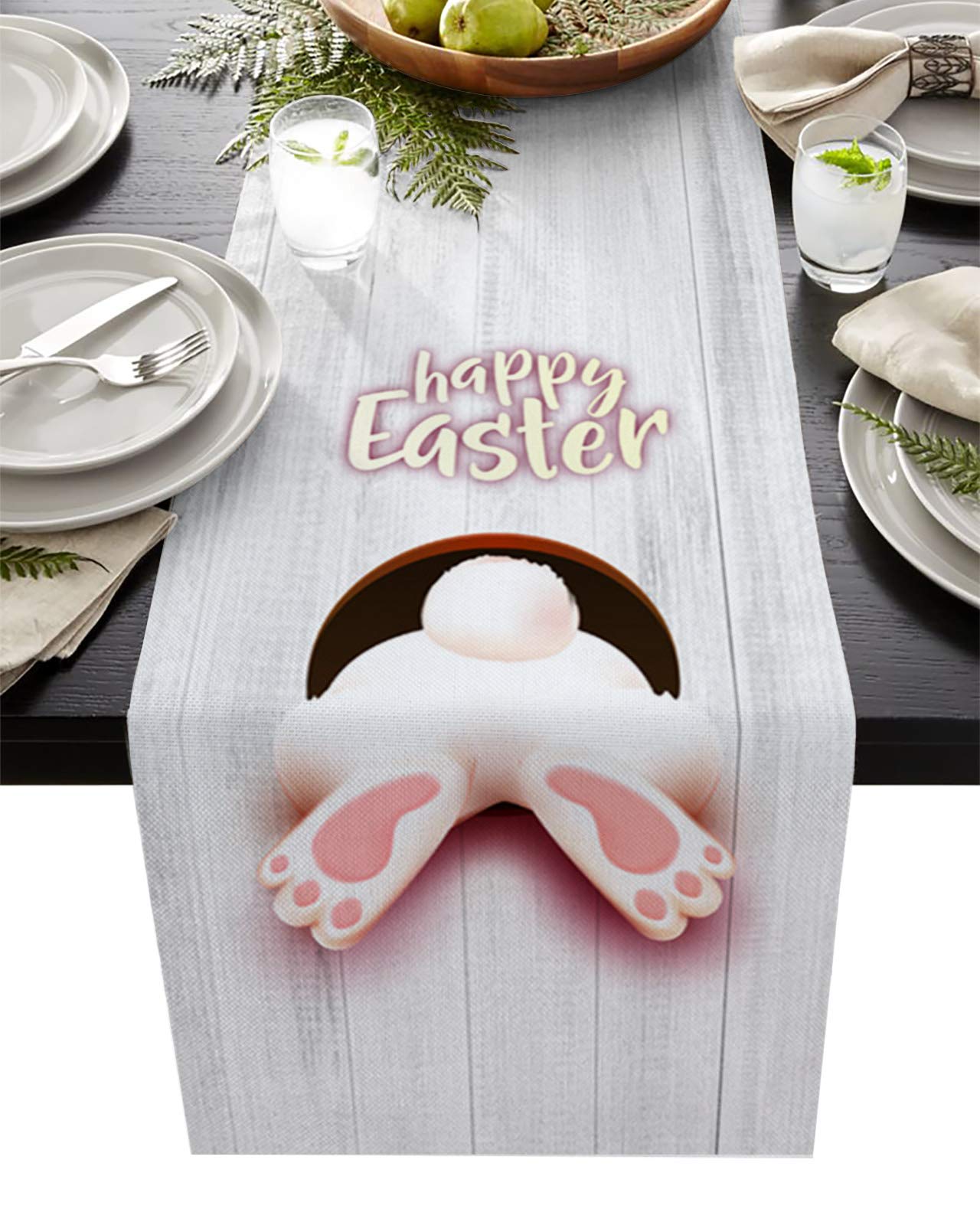 Easter Cotton Linen Table Runner - 13x108 Inch Farmhouse Kitchen Decor with Happy Easter Bunny Design, Rustic Wood Table Runners for Dining Table, Holiday Parties & Dinner Decoration | Perfect for Easter Celebrations, Spring Gatherings and Farmhouse Style Home Decor