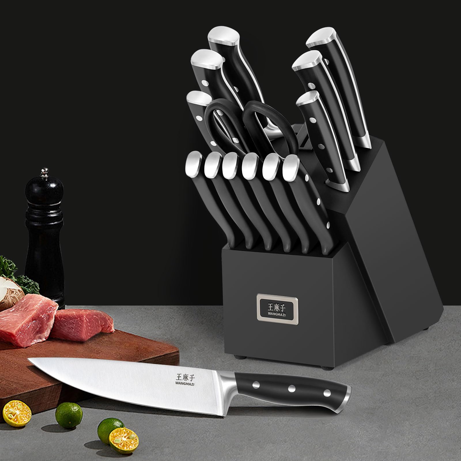 Premium 15-Piece High Carbon Stainless Steel Knife Set - Forged Kitchen Knives with Ergonomic Triple-Rivet Handle - Professional Chef & Home Cooking Essential - Perfect for Slicing, Dicing, and Food Prep (Black)