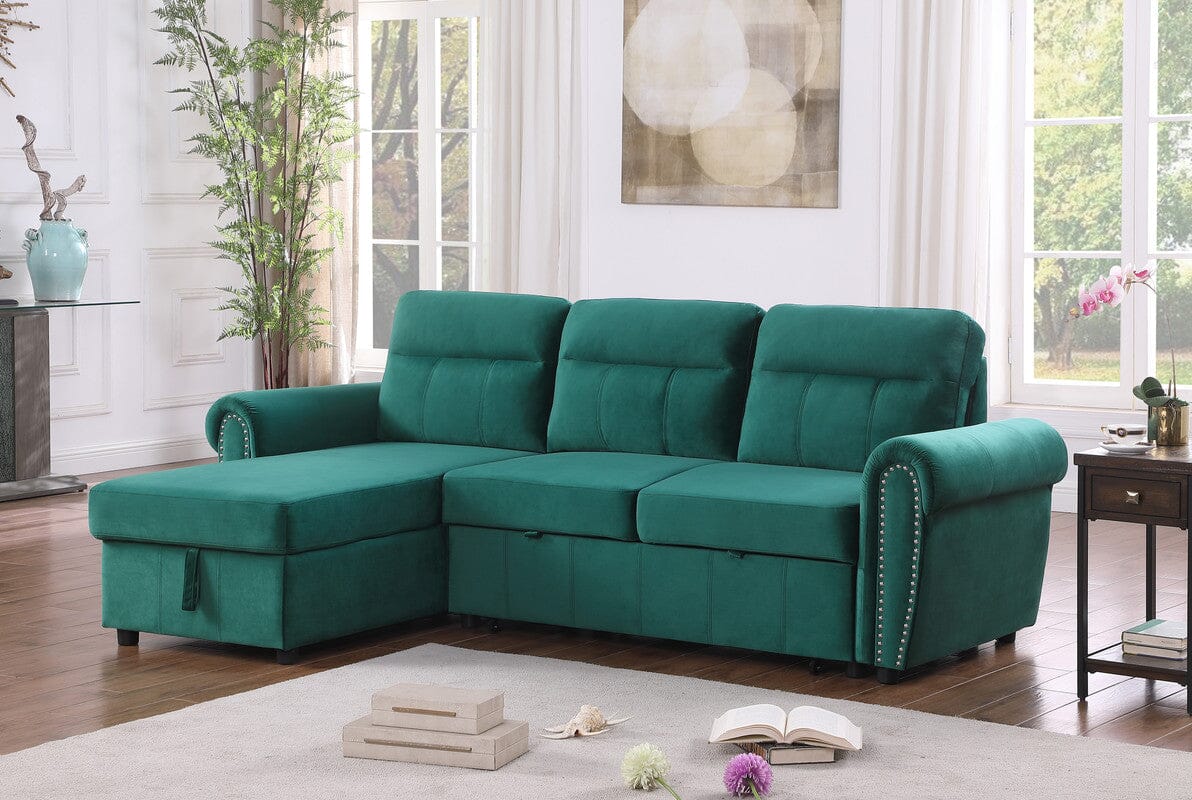 Luxury Ashton Green Velvet Reversible Sectional Sofa with Chaise Lounge - Modern Reversible Sleeper Sofa for Living Room, Home Theater & Small Spaces