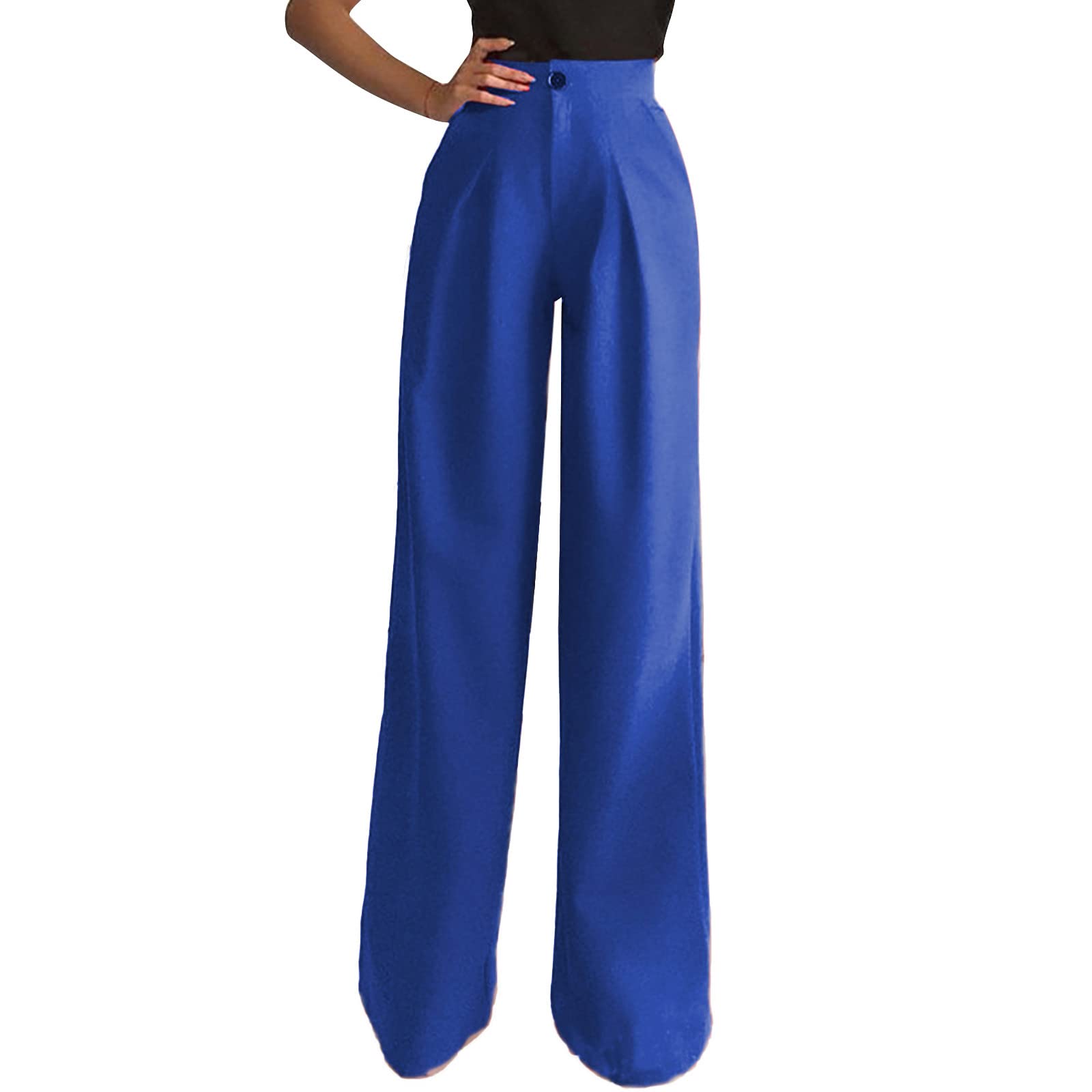 Women's High Waisted Wide Leg Palazzo Pants - Solid Black Casual Flare Trousers for Work, Travel & Lounge Wear