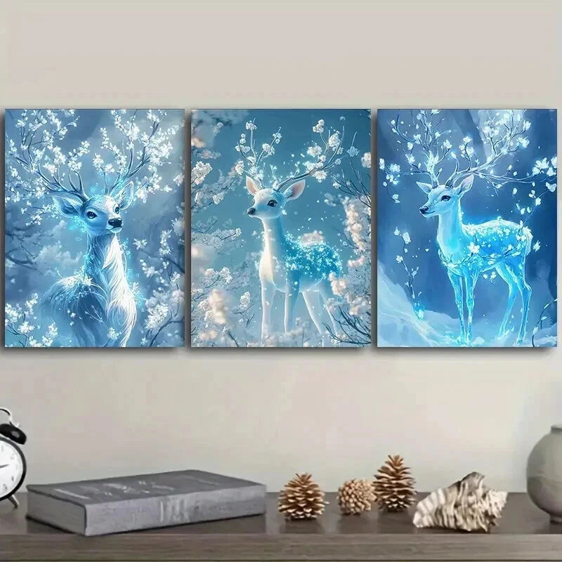 3-Piece Ice Blue Deer Wall Art Set - Framed Canvas Prints 50x70cm | High Quality Australian Made Ready-to-Hang Decor for Living Room, Bedroom & Office
