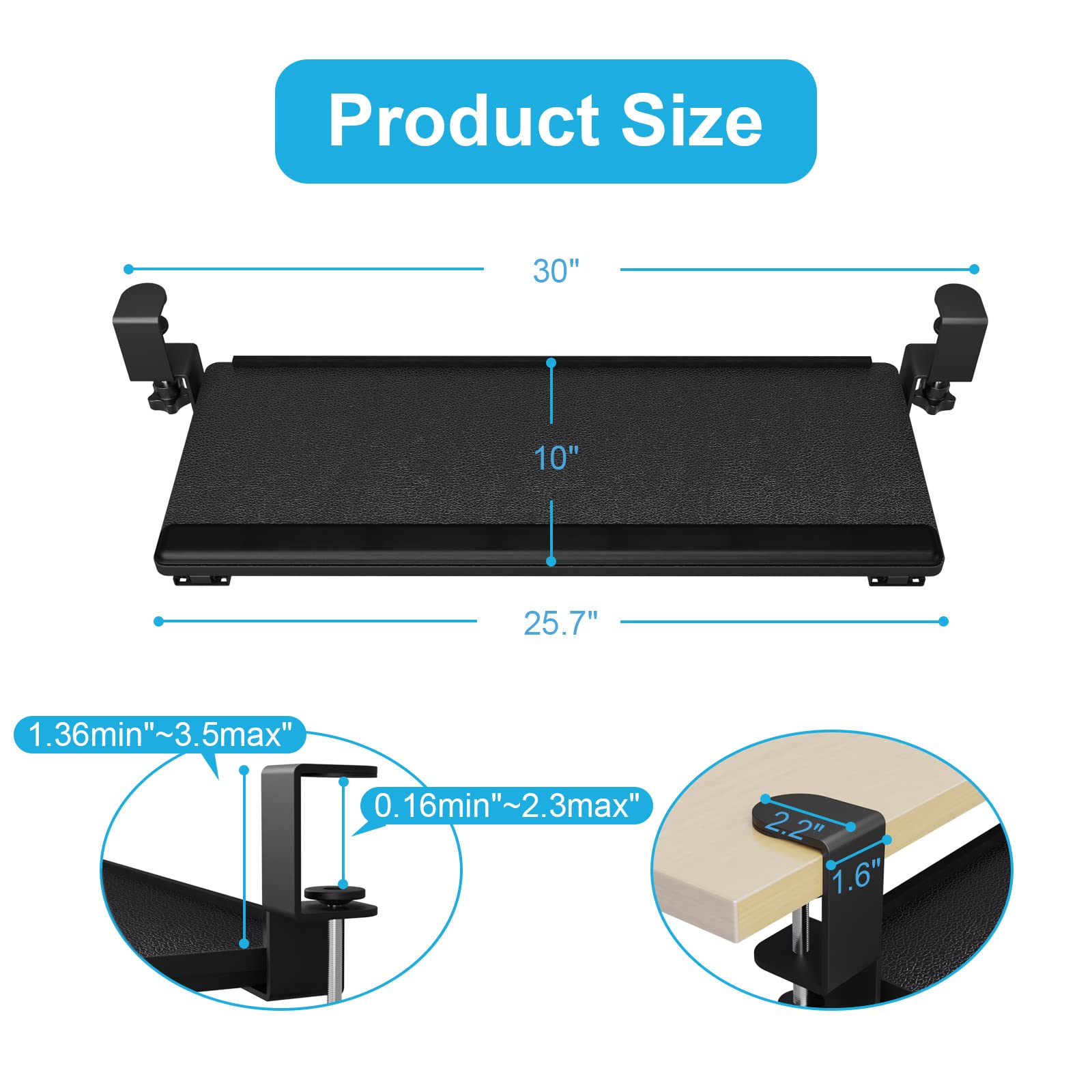 Ergonomic Under Desk Keyboard Tray - 30 x 10 Inch Pull-Out Drawer with Wrist Support Pad | Space-Saving Desk Organizer for Home Office, Gaming Setup & Workstation | Improves Posture & Comfort