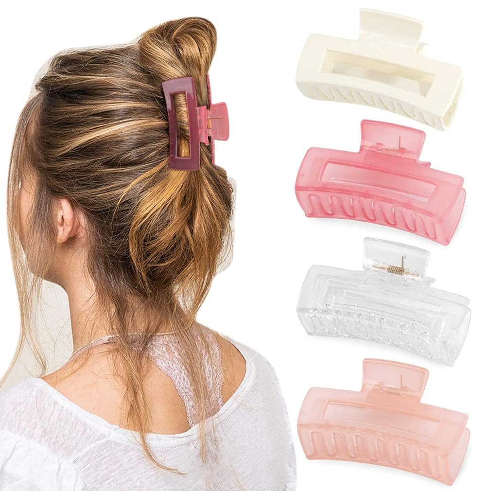 ACCESAR 4 Pack Large Rectangle Hair Claw Clips - Matte Square Hair Clips for Women with Thick Hair - Strong Hold Non-Slip Jaw Clips for Ponytails, Buns & Updos - Hair Accessories for Work, Gym & Everyday Styling