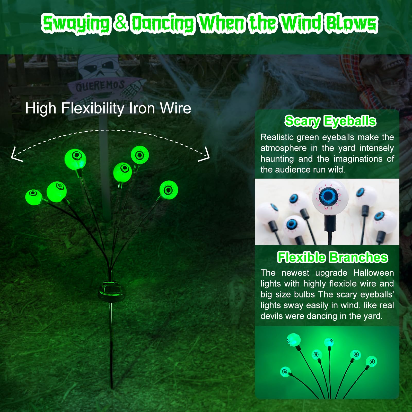 **18 LED Solar Halloween Eyeball Lights - 3 Pack Waterproof Outdoor Decor for Yard, Garden, Pathway, Lawn & Party | Scary Green Firefly Lights with Swaying Effect | Perfect for Spooky Halloween, Fall Festival & Nighttime Decorations**