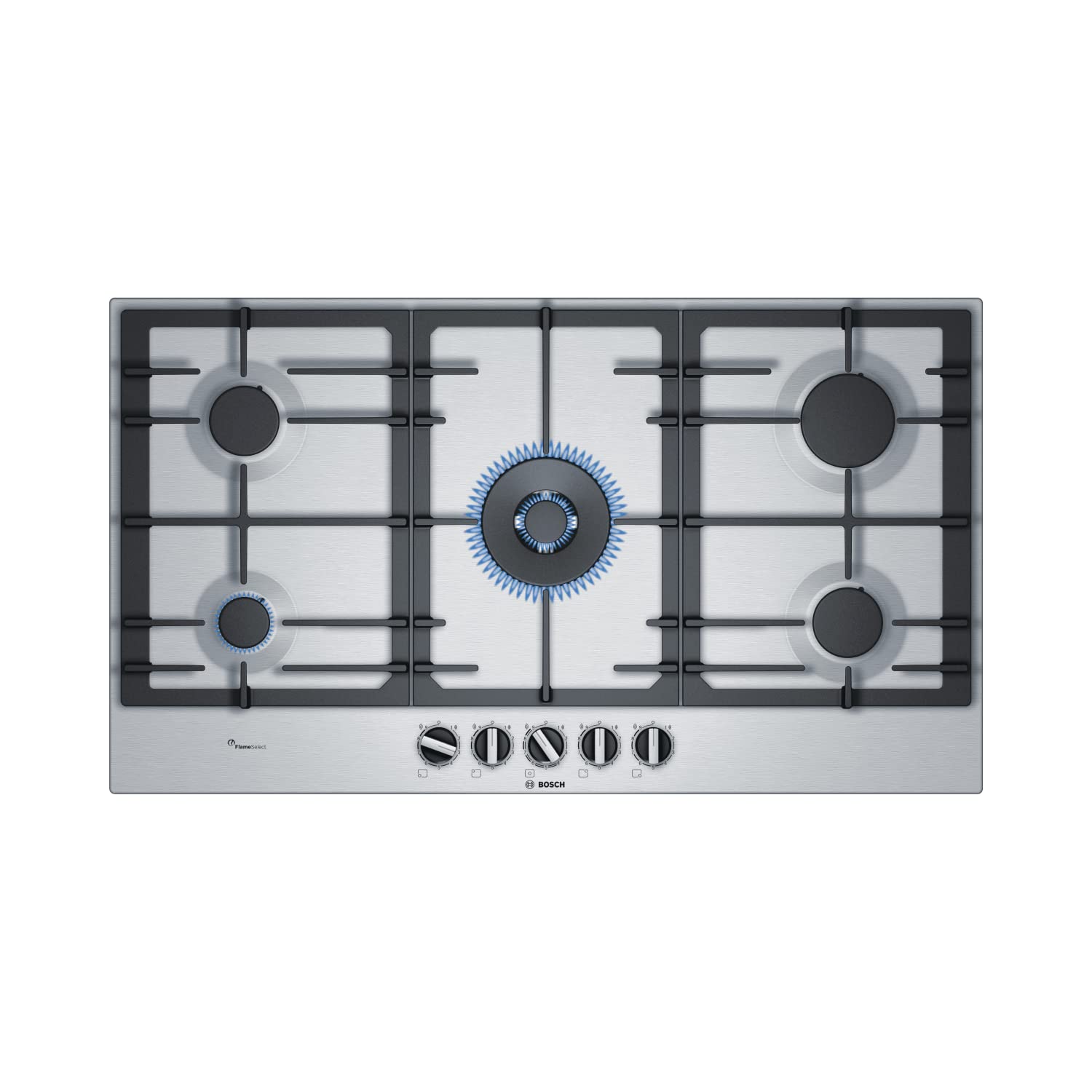 Bosch PCR9A5B90 Serie 6 Gas Cooktop - 90cm Stainless Steel with Cast Iron Grates, 9-Power FlameSelect & WOK Burner for Professional Cooking | Perfect for Home Kitchens & Asian Cuisine