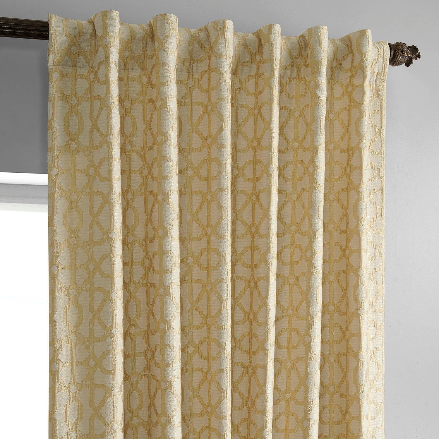 Metro Gold Geometric Faux Silk Jacquard Blackout Curtains for Bedroom & Living Room - Elegant Light Blocking Window Treatment for Home Decor