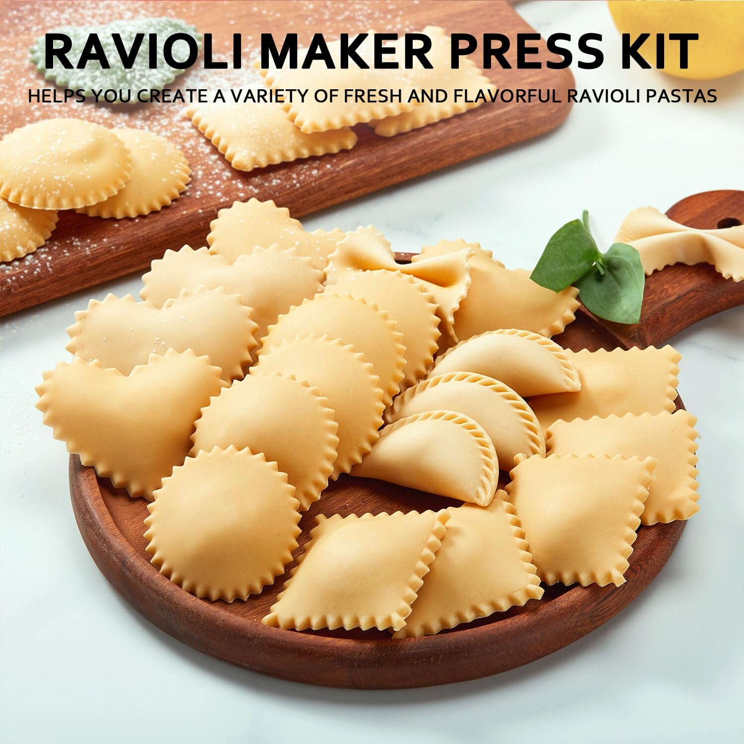 Premium Ravioli Maker Press Set - 3-Piece Pasta Mold Kit with Round, Heart & Square Cutters, Wooden Rolling Pin & 2.6