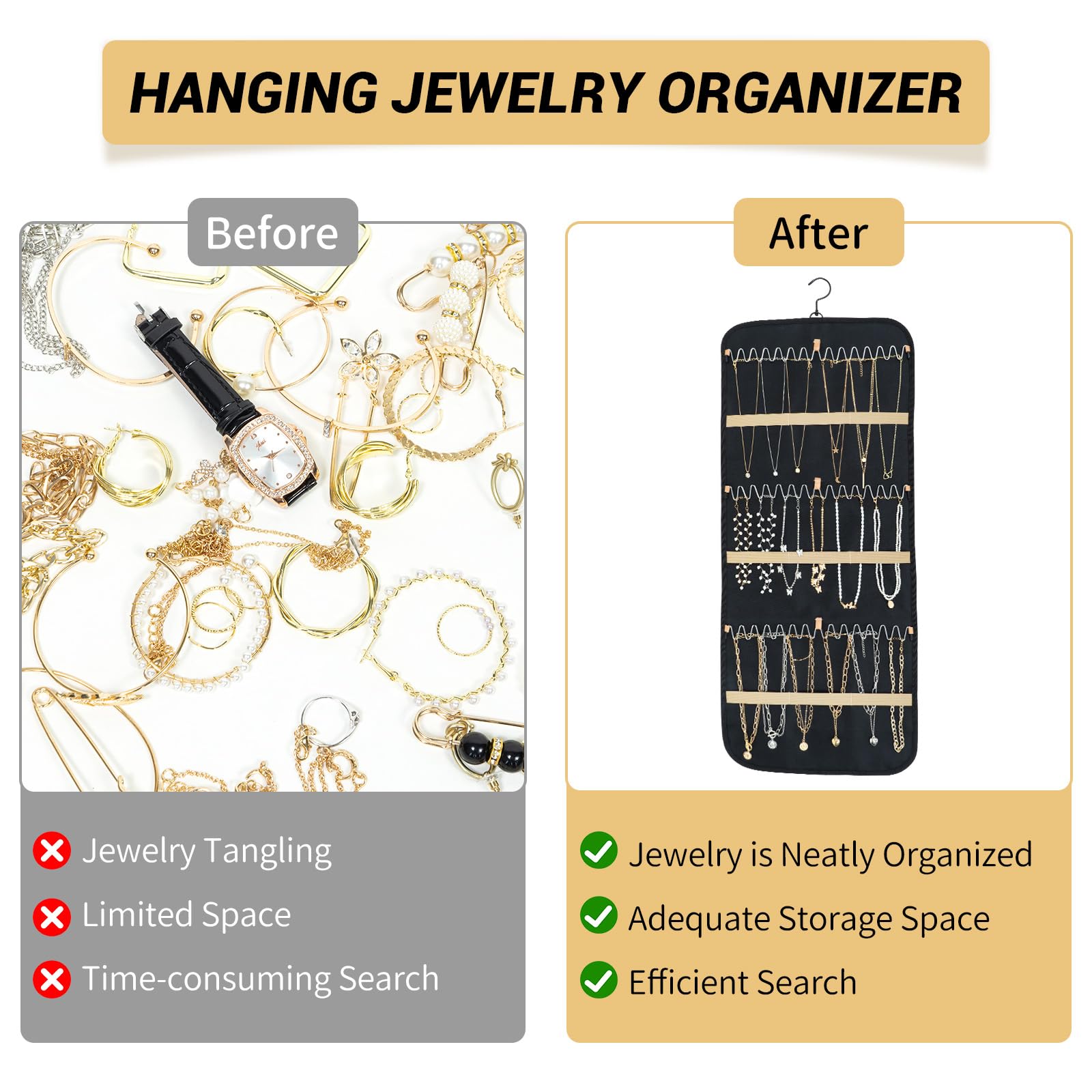 Hanging Jewelry Organizer for Closet - Necklace Earring Holder with Dustproof Cover & Rotating Metal Hook - Large Black Jewelry Storage Display Stand (1 Piece) - Perfect for Bedroom, Bathroom, and Travel Organization