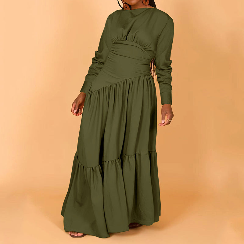 Elegant Solid Color Long Sleeve Ruffled Dress for Women - Perfect for Office Wear, Parties & Special Occasions