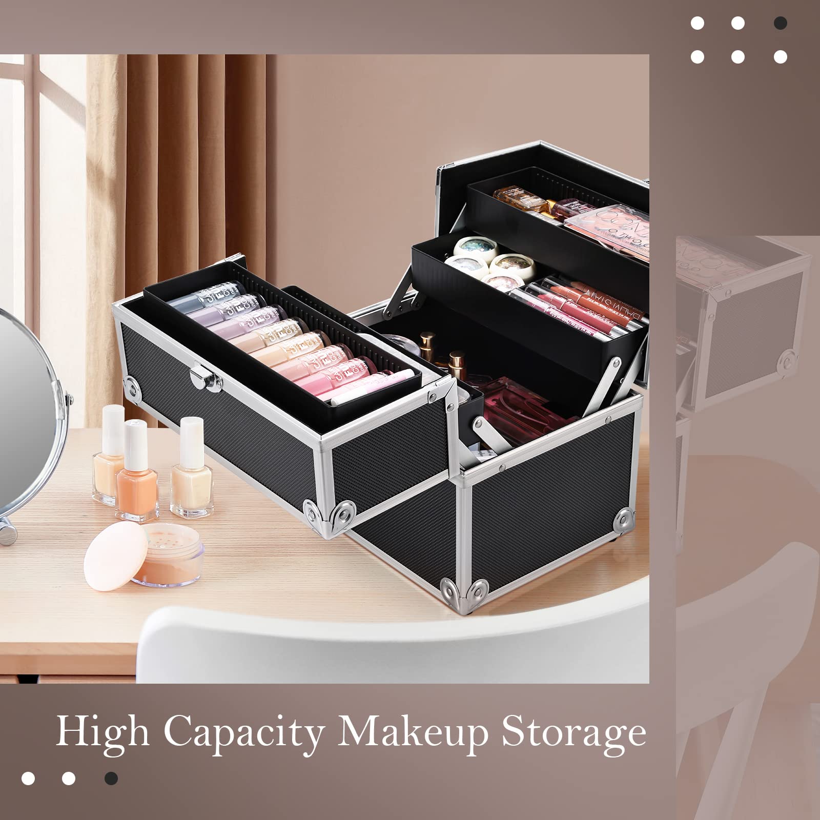 Professional Makeup Train Case - Lockable Cosmetic Organizer with 4 Adjustable Trays & Dividers | Portable Travel Makeup Storage Box for Makeup Artists, Crafters & Cosmetics | Perfect for Salon, Home Use & On-the-Go Beauty (Black)