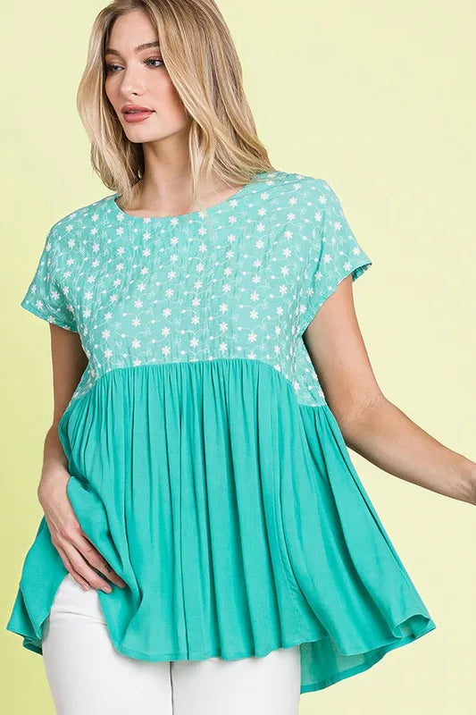 Women's Full Size Embroidered Mint Green Short Sleeve Pleated Babydoll Top - Casual Summer Blouse for Beach, Date Night & Everyday Wear