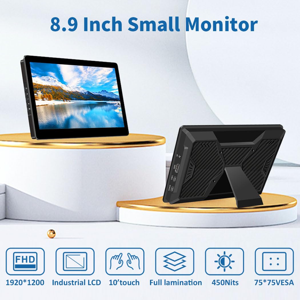 8.9 Inch Touch Screen Monitor with Stand - Full HD 1920x1200 Resolution, 16:10 Aspect Ratio, 450 Nits Brightness, Optical Bonding Technology, HDMI & USB-C Ports - Compact Display for Mini PC, Laptop, Mac Mini - Perfect for Office Work, Gaming & Digital Signage