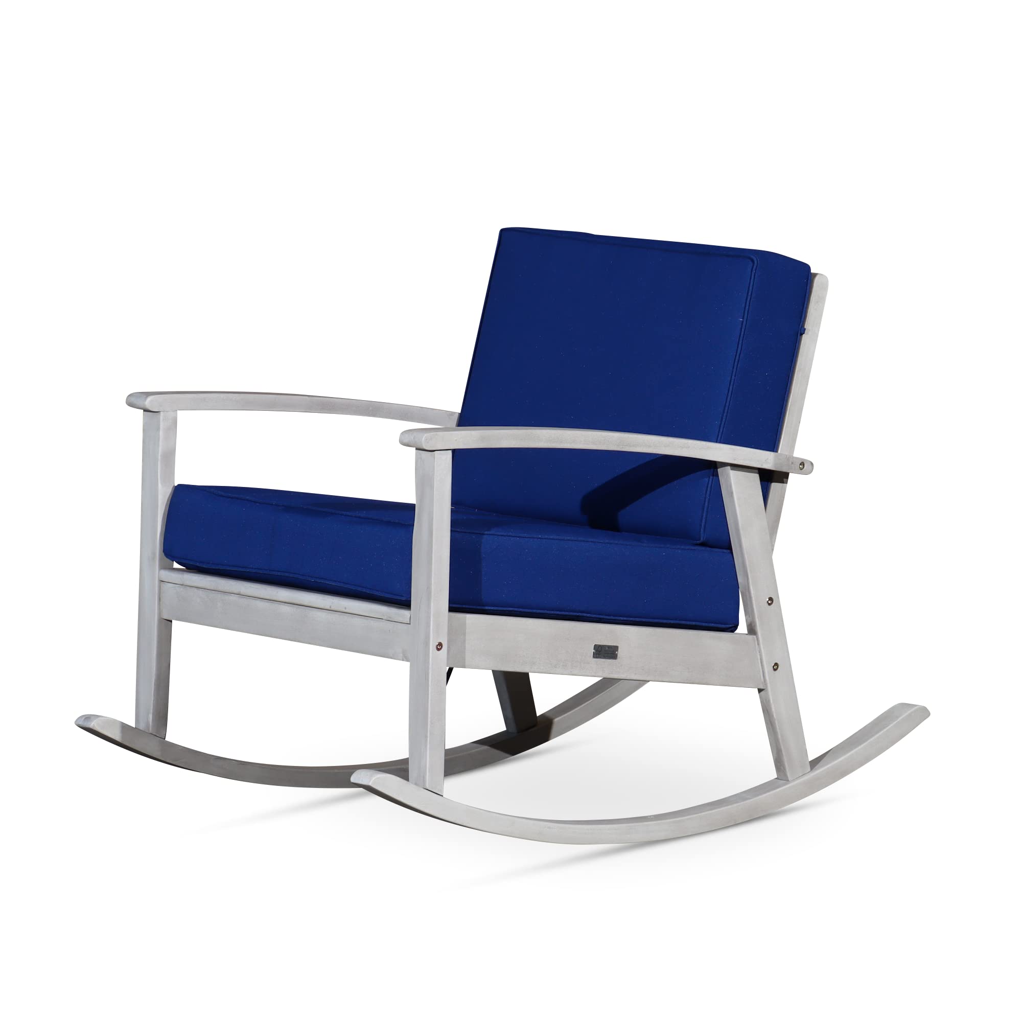 DTY Outdoor Living Longs Peak Deep Seat Eucalyptus Rocker - Silver Gray Finish with Navy Cushions | Patio Rocking Chair for Porch, Garden & Backyard Relaxation