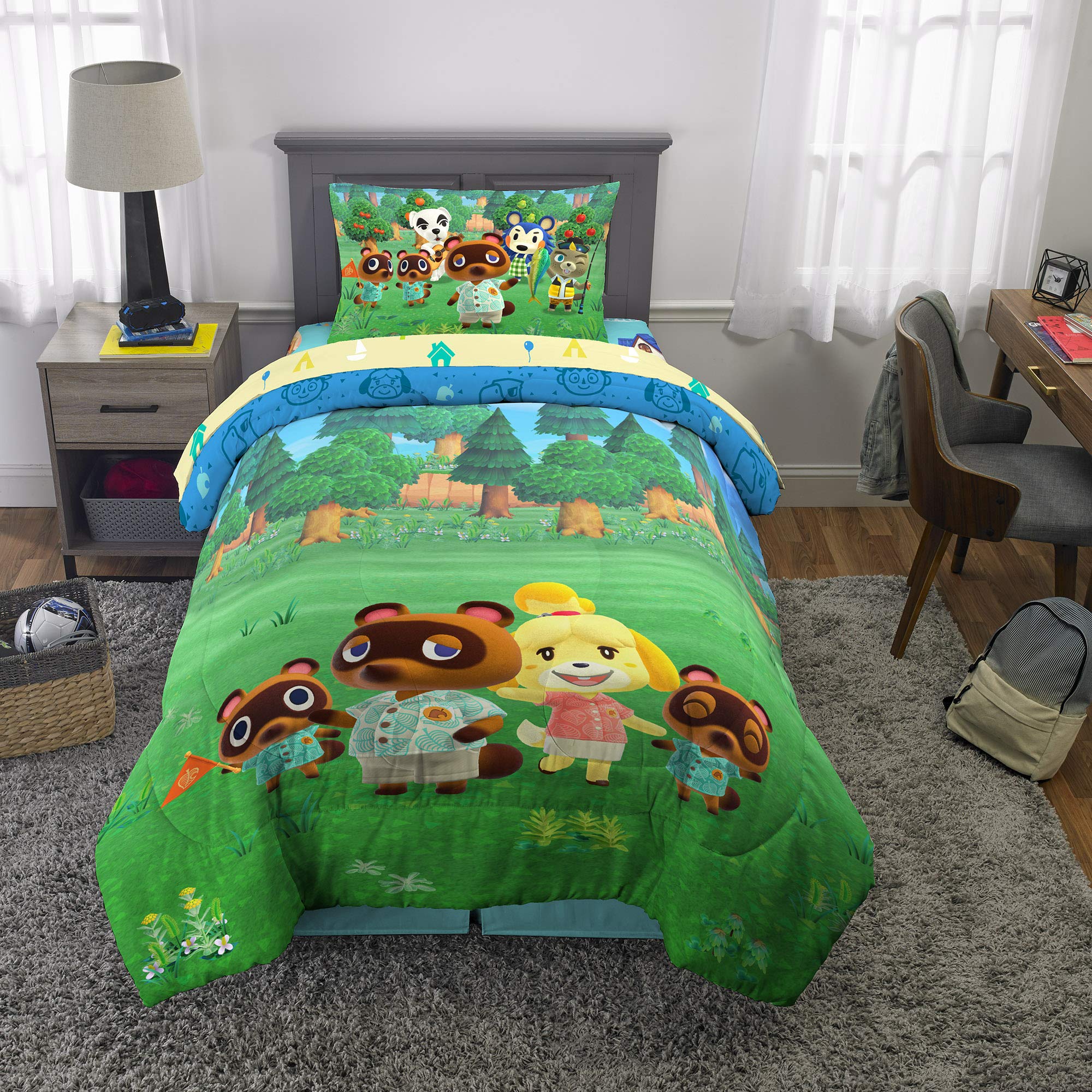 Animal Crossing Comforter Set for Kids - 6 Piece Bed in a Bag with Full Size Comforter, Sheet Set, Pillow Sham & Bonus Stickers - Green Nintendo Themed Bedding for Boys & Girls - Perfect for Gaming Themed Bedrooms & Sleepovers