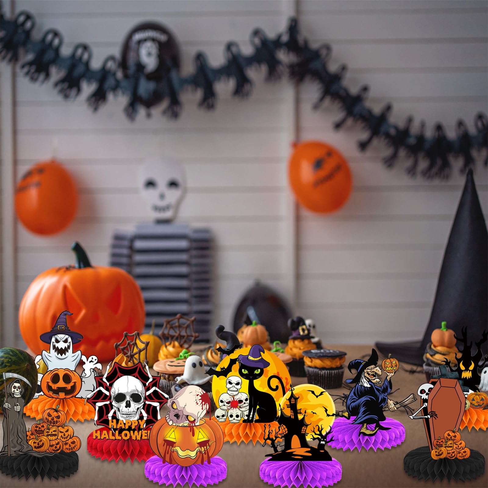 12pcs Halloween Honeycomb Centerpieces - Black Orange Bloody Table Decorations for Party Supplies | Spooky Table Toppers & Sign Decor for Halloween Home, Office & Classroom Decorations
