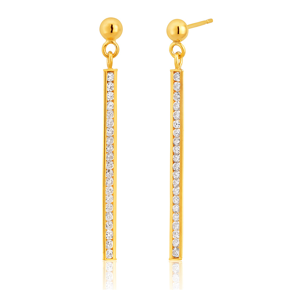 9ct Gold Cubic Zirconia Silver Filled Bar Drop Earrings for Women - Elegant Dangle Earrings for Party, Wedding & Evening Wear